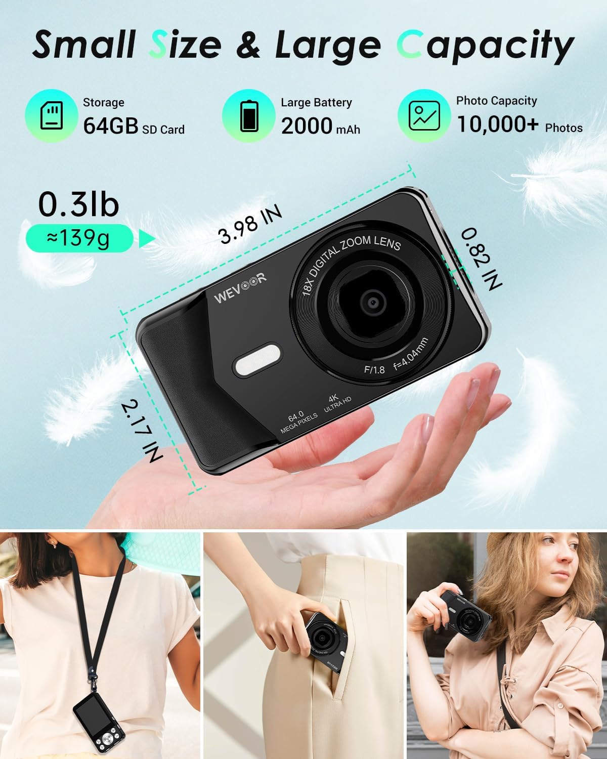 CÁMARA DIGITAL 4K, CÁMARA DIGITAL WEVOOR DE 64MP PARA APUNTAR Y DISPARAR CON ENFOQUE AUTOMÁTICO, ZOOM 18X, 20 FILTROS, - 5