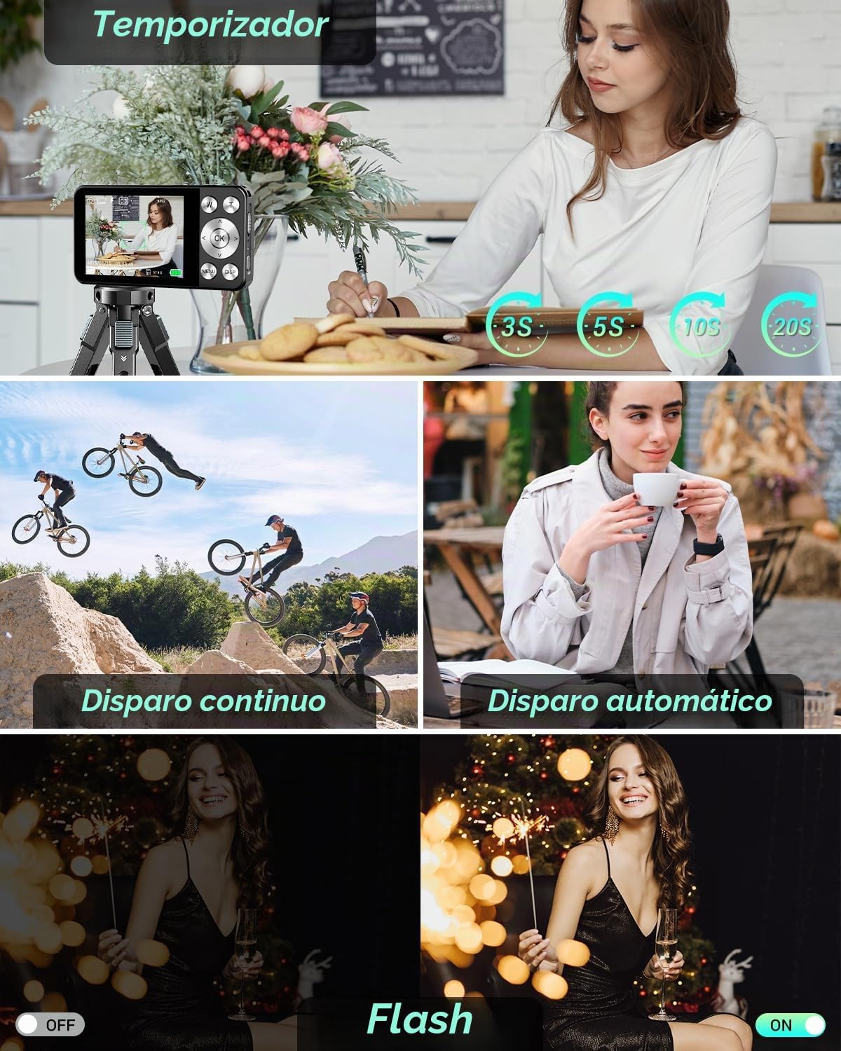 CÁMARA DIGITAL 4K, CÁMARA DIGITAL WEVOOR DE 64MP PARA APUNTAR Y DISPARAR CON ENFOQUE AUTOMÁTICO, ZOOM 18X, 20 FILTROS, - 6