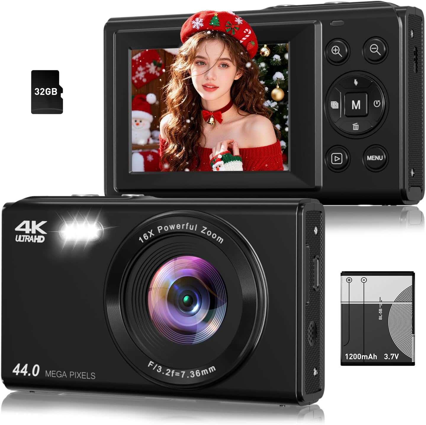 CÁMARA DIGITAL, CÁMARA DE ENFOQUE AUTOMÁTICO DE 4K 44MP CON PUNTO Y DISPARO CON ZOOM 16X DE 2.4 LCD, CÁMARA COMPACTA - 1