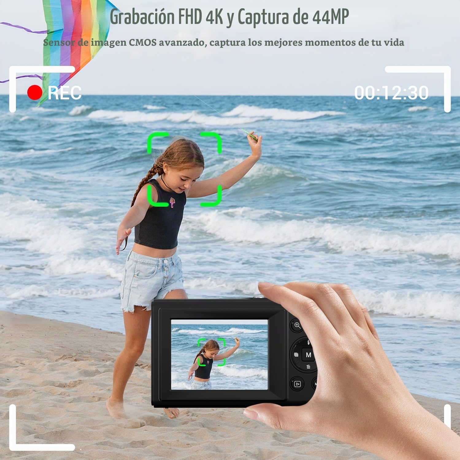 CÁMARA DIGITAL, CÁMARA DE ENFOQUE AUTOMÁTICO DE 4K 44MP CON PUNTO Y DISPARO CON ZOOM 16X DE 2.4 LCD, CÁMARA COMPACTA - 2