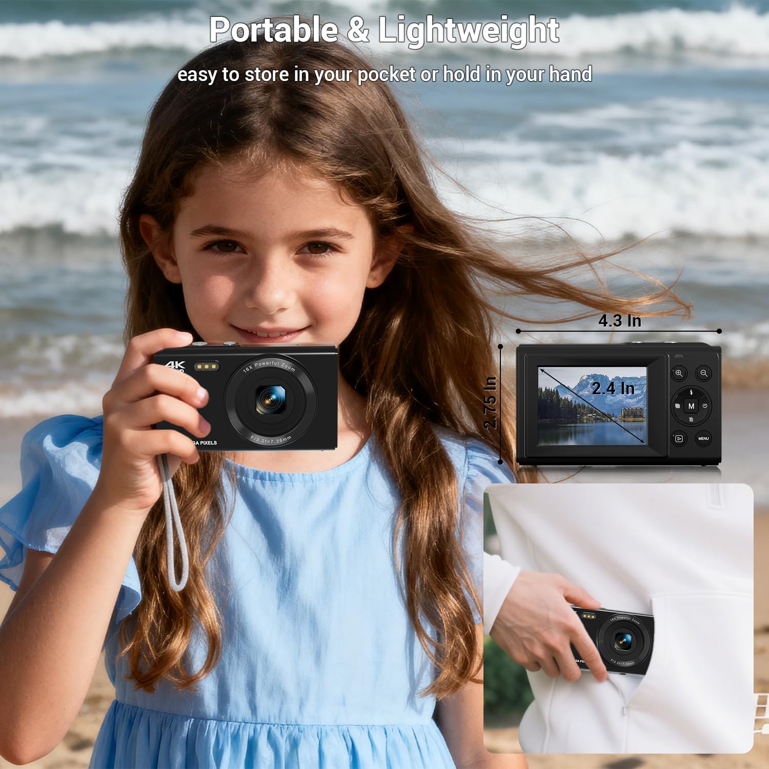 CÁMARA DIGITAL, CÁMARA DE ENFOQUE AUTOMÁTICO DE 4K 44MP CON PUNTO Y DISPARO CON ZOOM 16X DE 2.4 LCD, CÁMARA COMPACTA - 7