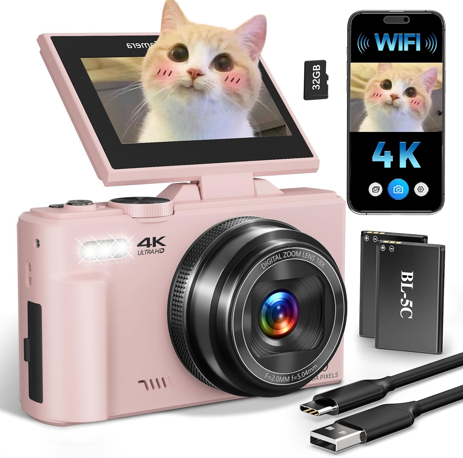 CÁMARA DIGITAL 4K PARA PRINCIPIANTES Y ADOLESCENTES, CÁMARA COMPACTA DE VLOGGING CON PANTALLA ABATIBLE DE 180 , ENFOQUE - 1