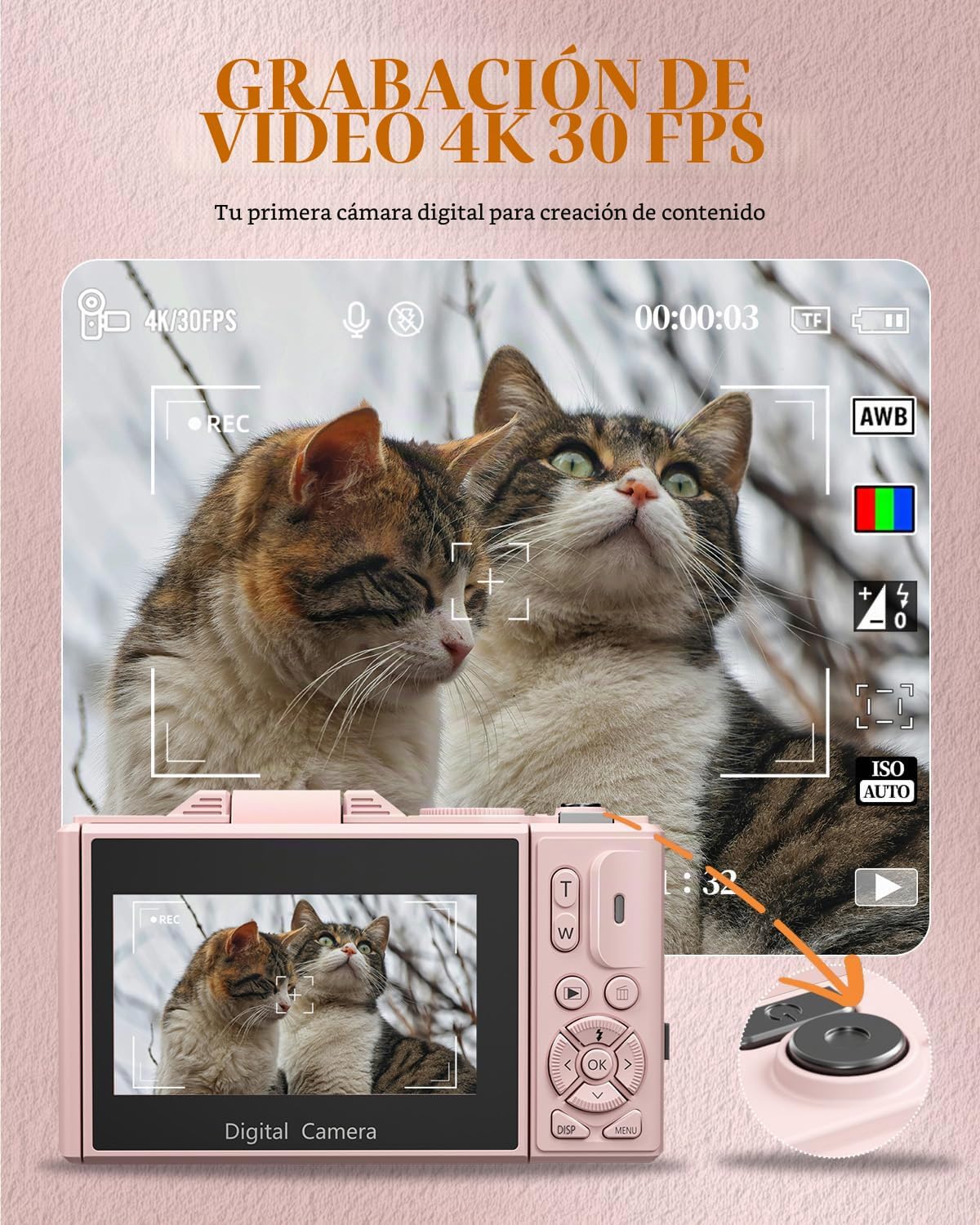 CÁMARA DIGITAL 4K PARA PRINCIPIANTES Y ADOLESCENTES, CÁMARA COMPACTA DE VLOGGING CON PANTALLA ABATIBLE DE 180 , ENFOQUE - 2
