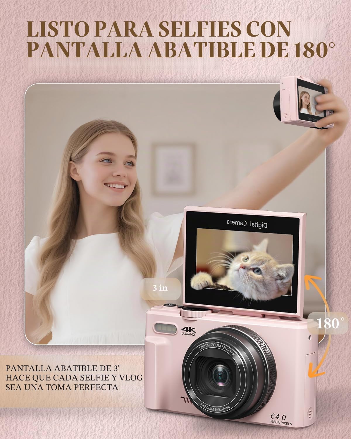 CÁMARA DIGITAL 4K PARA PRINCIPIANTES Y ADOLESCENTES, CÁMARA COMPACTA DE VLOGGING CON PANTALLA ABATIBLE DE 180 , ENFOQUE - 5