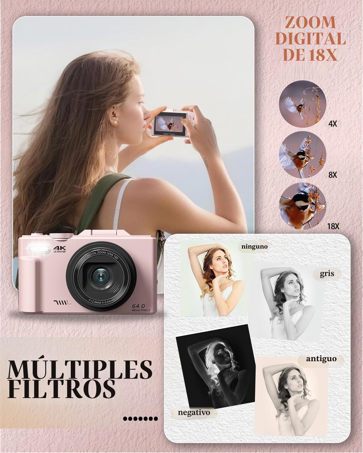 CÁMARA DIGITAL 4K PARA PRINCIPIANTES Y ADOLESCENTES, CÁMARA COMPACTA DE VLOGGING CON PANTALLA ABATIBLE DE 180 , ENFOQUE - 6