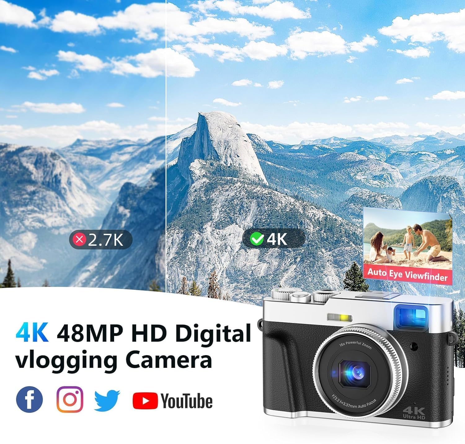 CÁMARA DIGITAL 4K PARA FOTOGRAFÍA, CÁMARAS DE VIDEOBLOGS DE 48 MEGAPÍXELES CON ENFOQUE AUTOMÁTICO Y ZOOM DIGITAL 16X, CÁMARA - 2
