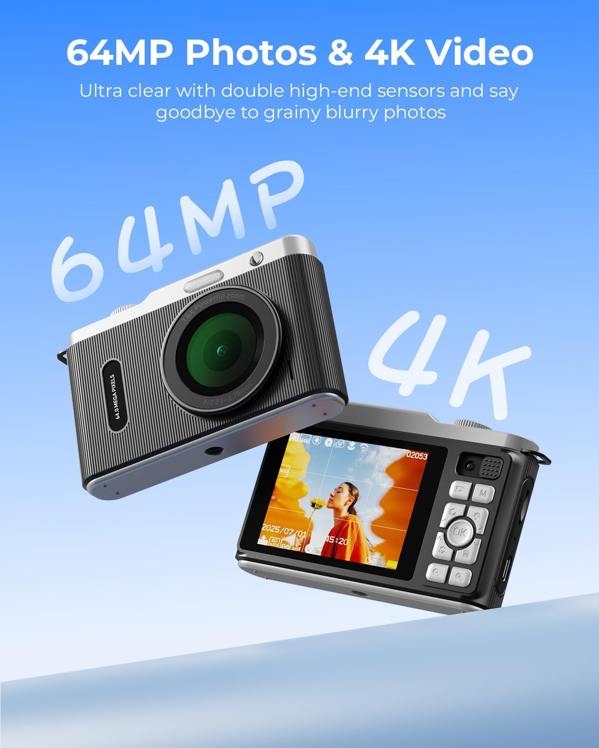 CÁMARA DIGITAL PARA NIÑOS CON LENTE DUAL DE CONMUTACIÓN, 64MP 4K POINT AND SHOOT CÁMARA CON TARJETA DE 32 GB, WIFI, ZOOM - 2