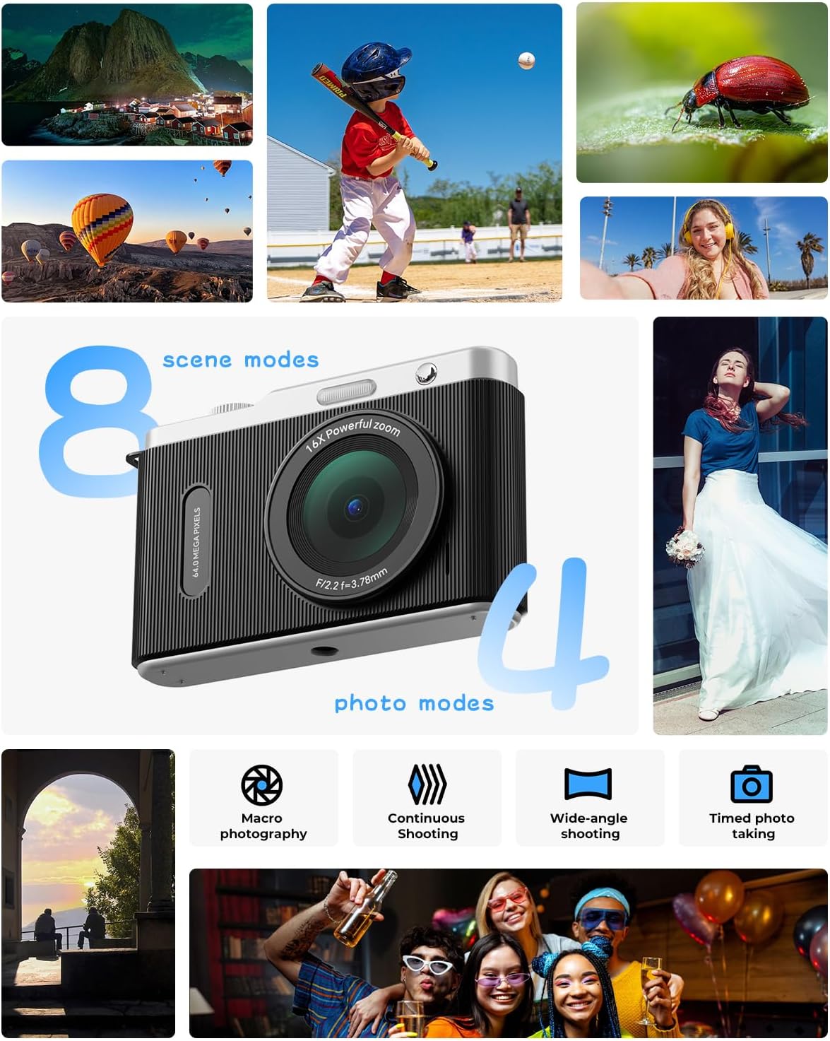 CÁMARA DIGITAL PARA NIÑOS CON LENTE DUAL DE CONMUTACIÓN, 64MP 4K POINT AND SHOOT CÁMARA CON TARJETA DE 32 GB, WIFI, ZOOM - 4