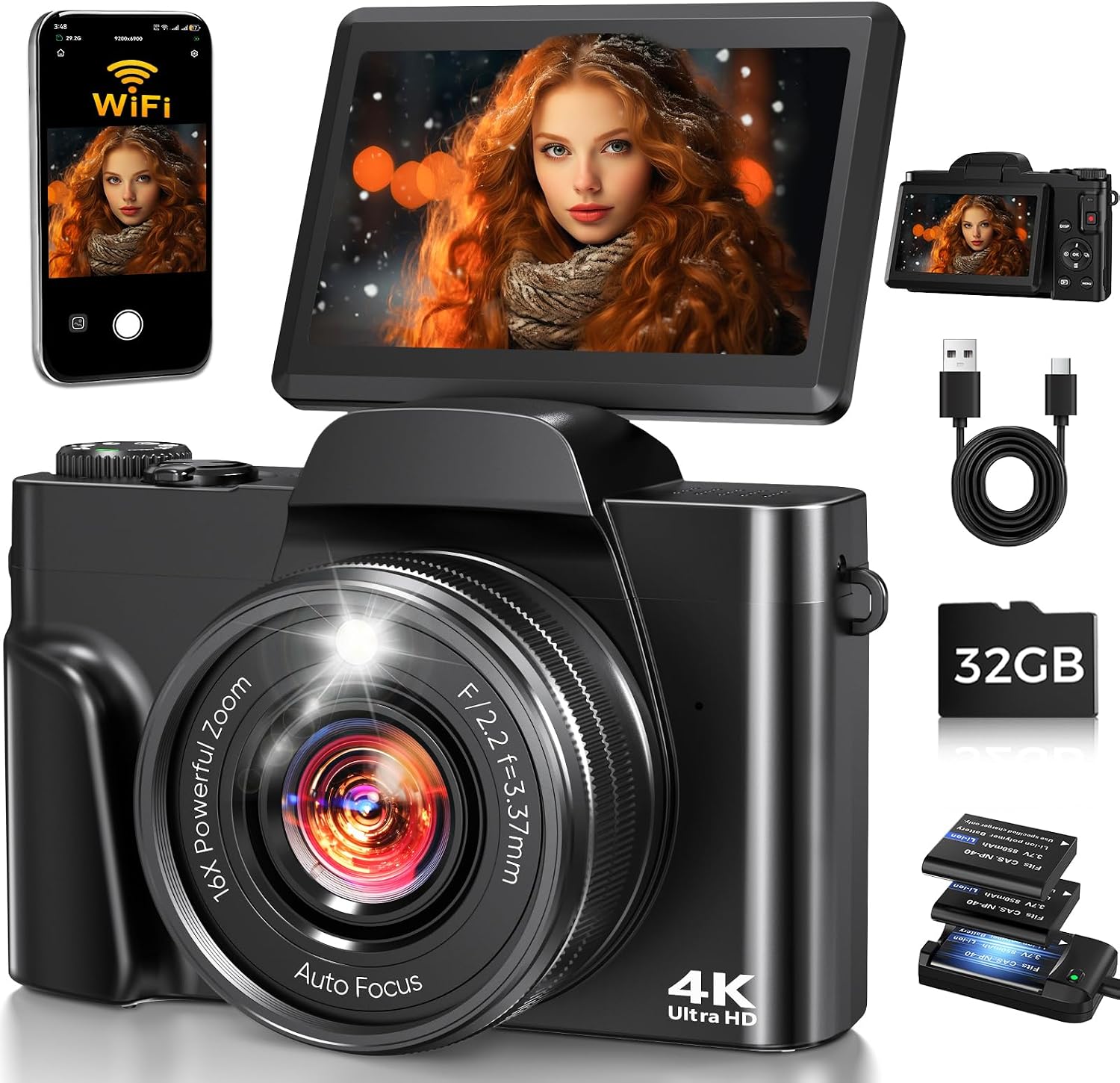 CÁMARA DIGITAL 4K WIFI 180 PANTALLA ABATIBLE ENFOQUE AUTOMÁTICO 64MP 16X - 1