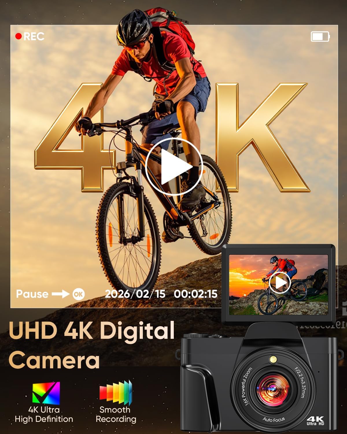 CÁMARA DIGITAL 4K WIFI 180 PANTALLA ABATIBLE ENFOQUE AUTOMÁTICO 64MP 16X - 3