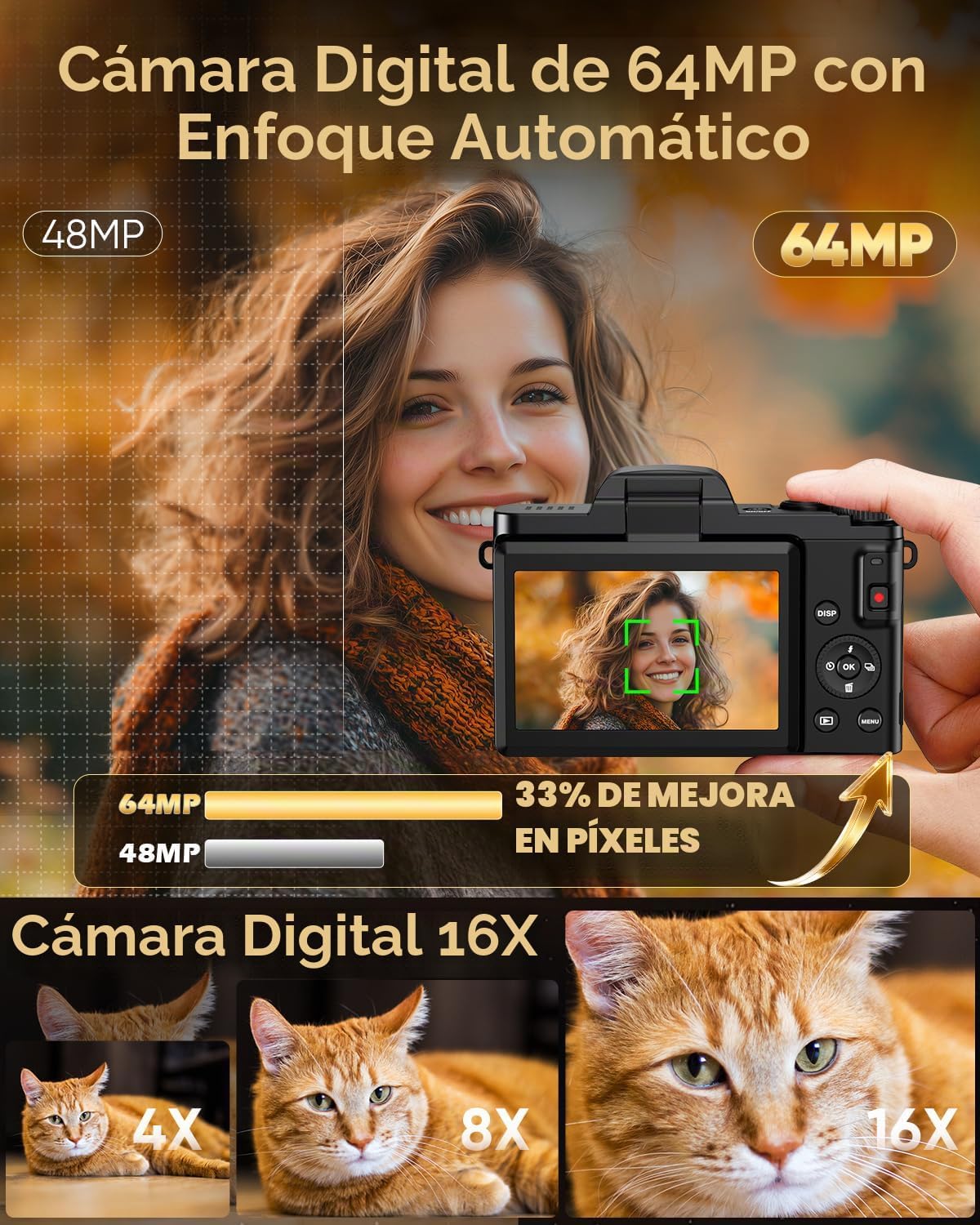 CÁMARA DIGITAL 4K WIFI 180 PANTALLA ABATIBLE ENFOQUE AUTOMÁTICO 64MP 16X - 4