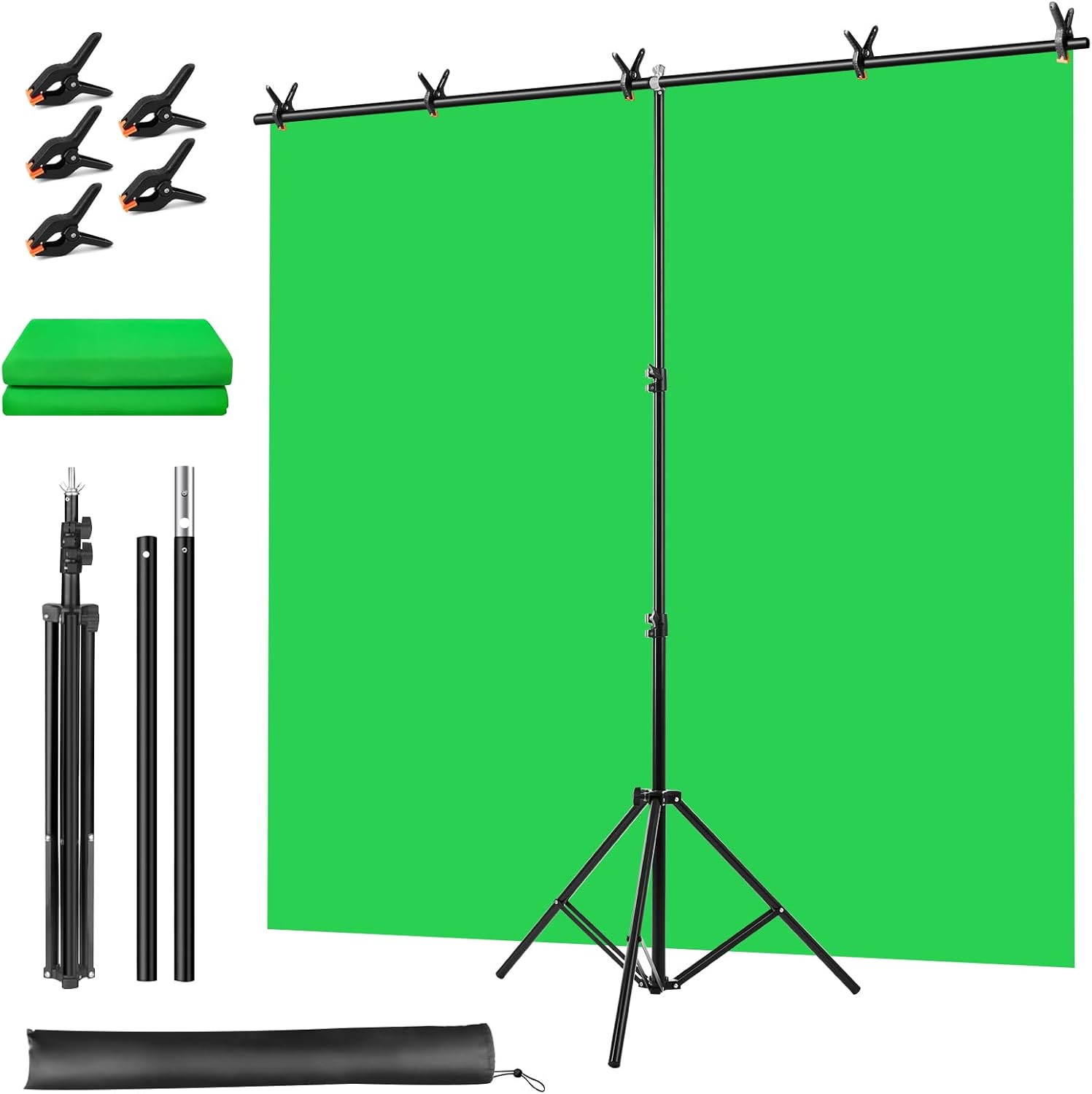 KIT DE TELÓN DE FONDO VERDE, TELÓN DE FONDO VERDE PORTÁTIL CON SOPORTE EN FORMA DE T, 5 ABRAZADERAS Y BOLSA DE TRANSPORTE - 1