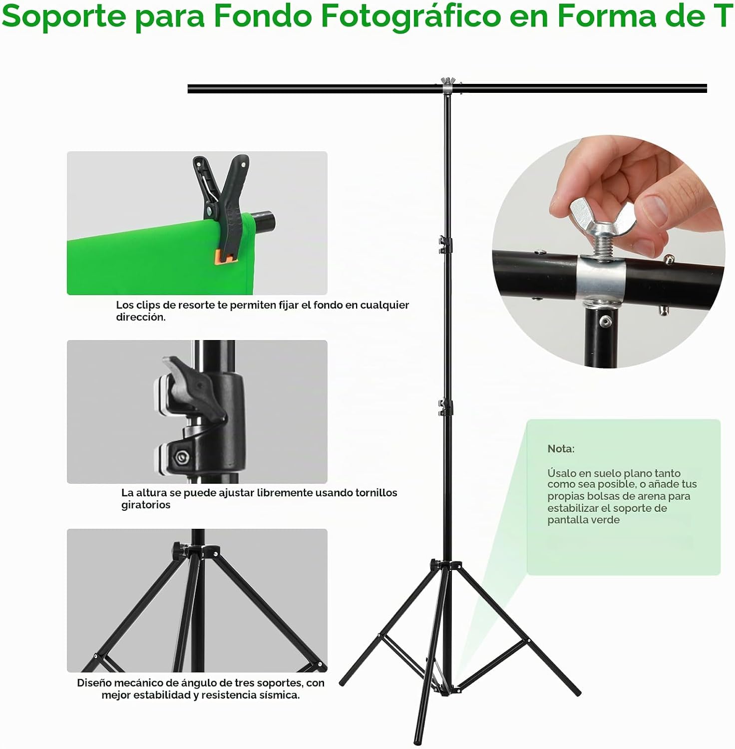 KIT DE TELÓN DE FONDO VERDE, TELÓN DE FONDO VERDE PORTÁTIL CON SOPORTE EN FORMA DE T, 5 ABRAZADERAS Y BOLSA DE TRANSPORTE - 5
