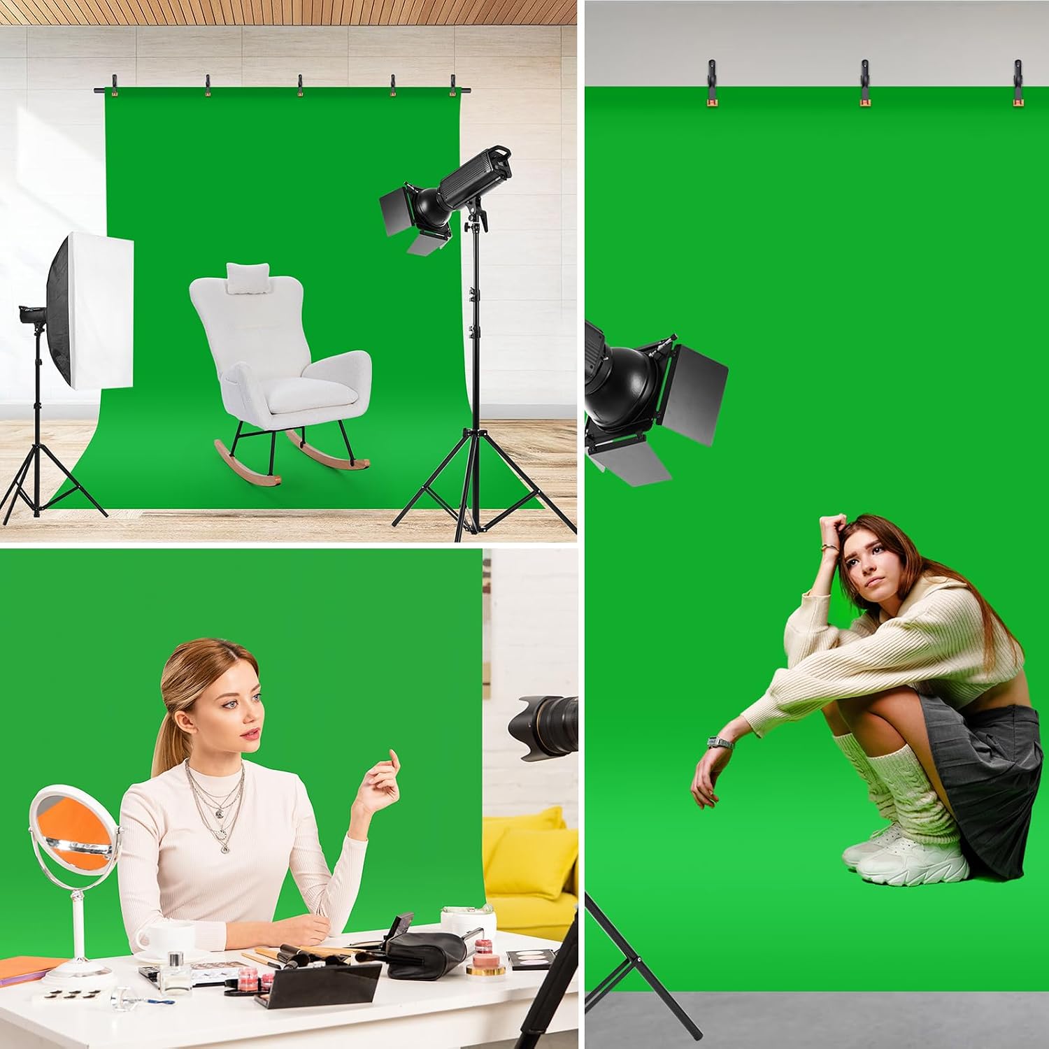 KIT DE TELÓN DE FONDO VERDE, TELÓN DE FONDO VERDE PORTÁTIL CON SOPORTE EN FORMA DE T, 5 ABRAZADERAS Y BOLSA DE TRANSPORTE - 6