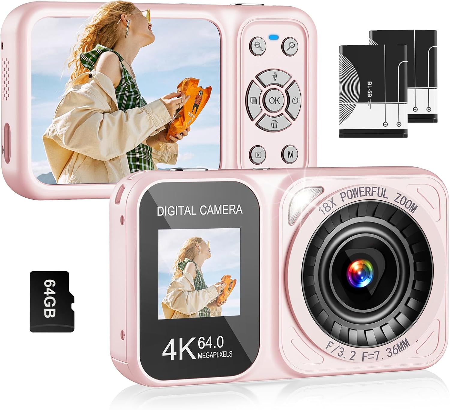 CÁMARA DIGITAL, CÁMARA DE PANTALLAS DUALES 4K 64MP, ZOOM 18X, CÁMARA DIGITAL DE APUNTAR Y DISPARAR CON TARJETA TF DE 64GB - 1