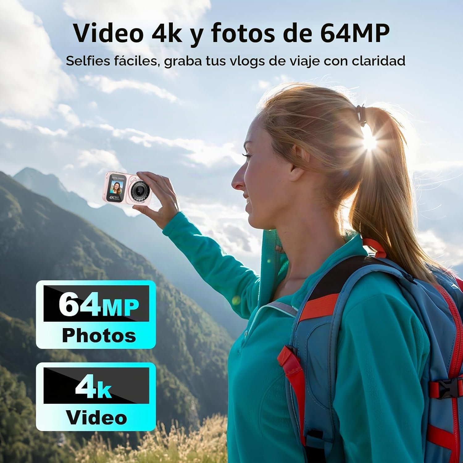 CÁMARA DIGITAL, CÁMARA DE PANTALLAS DUALES 4K 64MP, ZOOM 18X, CÁMARA DIGITAL DE APUNTAR Y DISPARAR CON TARJETA TF DE 64GB - 2