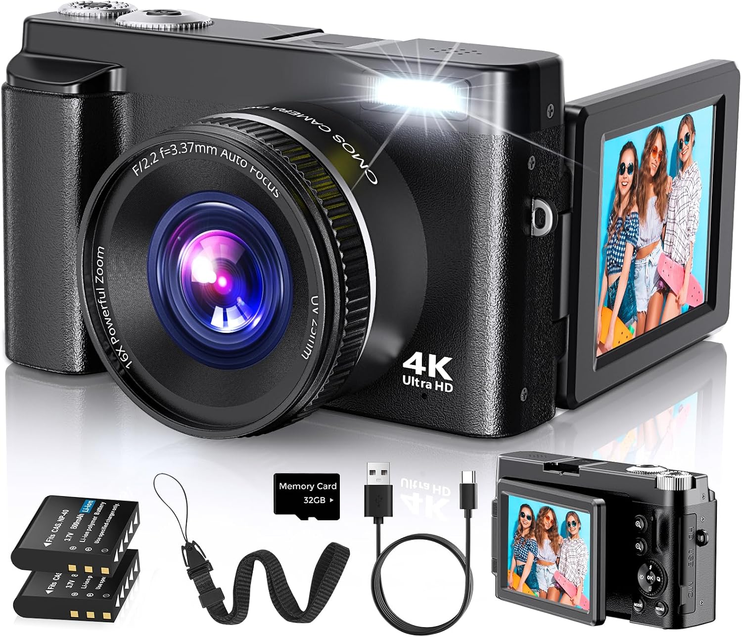 CÁMARA DIGITAL 4K PARA ENFOQUE AUTOMÁTICO DE FOTOGRAFÍA, CÁMARA DE VIDEO DE 48 MP PARA YOUTUBE CON TARJETA SD, 2 BATERÍAS, - 1