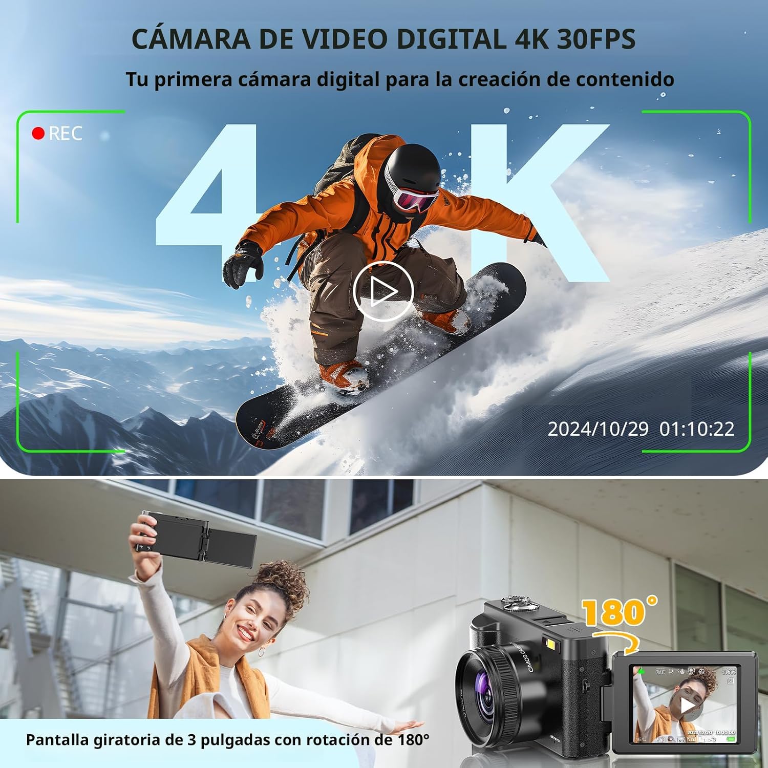 CÁMARA DIGITAL 4K PARA ENFOQUE AUTOMÁTICO DE FOTOGRAFÍA, CÁMARA DE VIDEO DE 48 MP PARA YOUTUBE CON TARJETA SD, 2 BATERÍAS, - 2