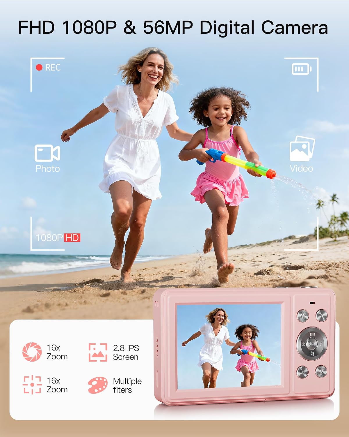 CÁMARA DIGITAL, FHD 1080P APUNTA Y DISPARA, TARJETA SD DE 32 GB, 2 BATERÍAS - 2