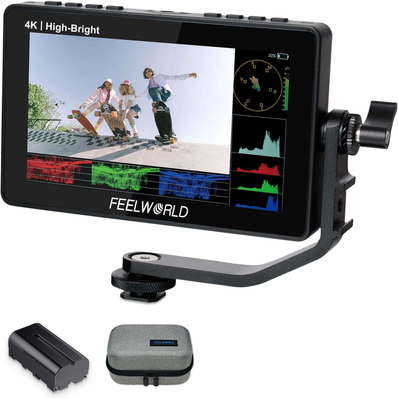 FEELWORLD F5 PROX 5.5 PULGADAS 1600NIT MONITOR DE CAMPO DE CÁMARA DSLR DE ALTO BRILLO CON BATERÍA F750 4400MAH Y BOLSA, - 1