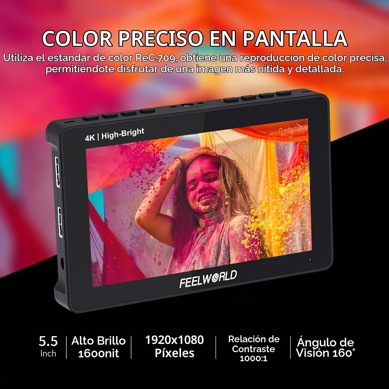 FEELWORLD F5 PROX 5.5 PULGADAS 1600NIT MONITOR DE CAMPO DE CÁMARA DSLR DE ALTO BRILLO CON BATERÍA F750 4400MAH Y BOLSA, - 3