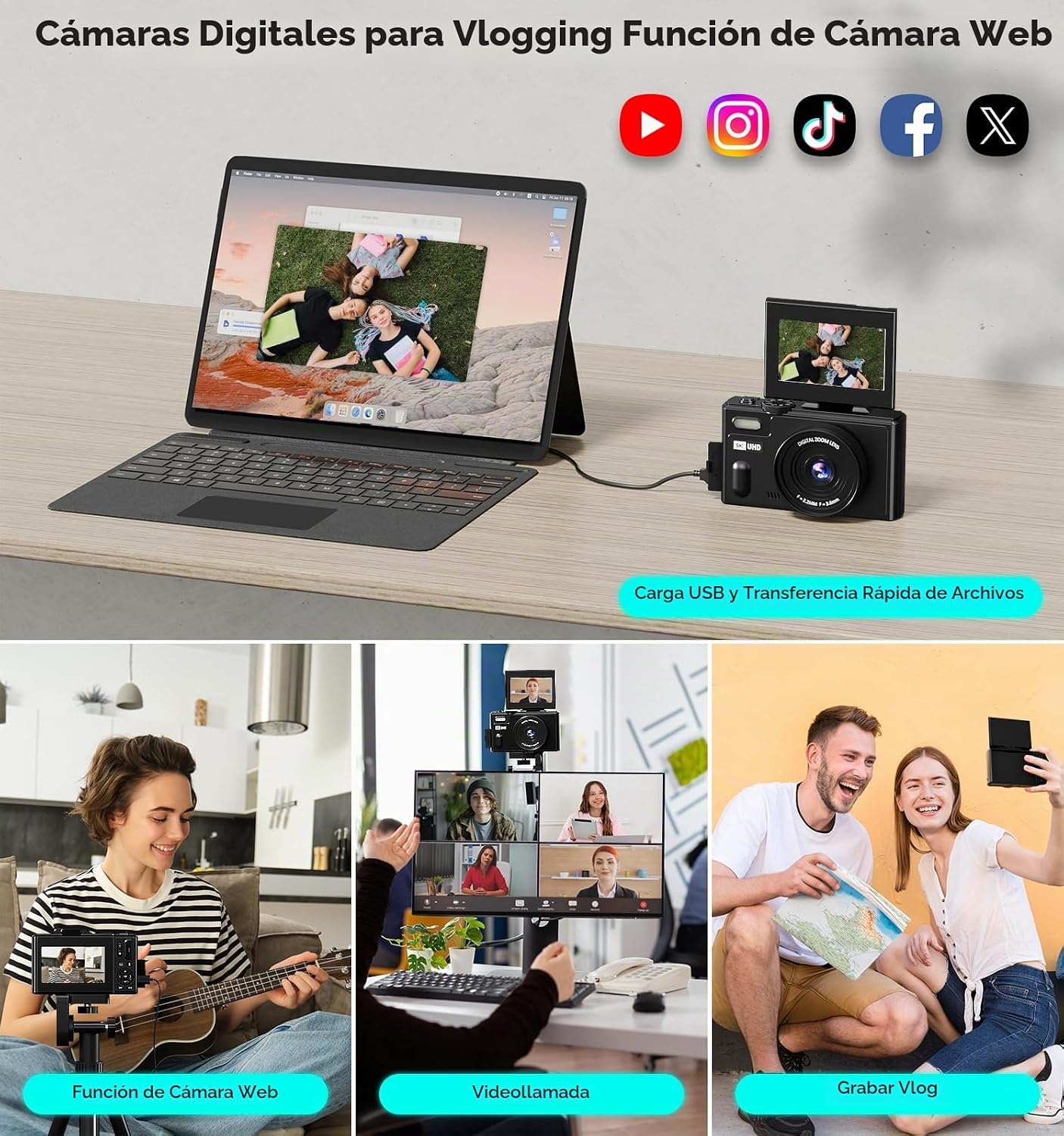 CÁMARA DIGITAL, CÁMARA DE VIAJE UHD 5K DE 80MP, CÁMARAS COMPACTAS CON ZOOM 18X, CÁMARA DE VLOGGING PARA YOUTUBE CON PANTALLA - 6