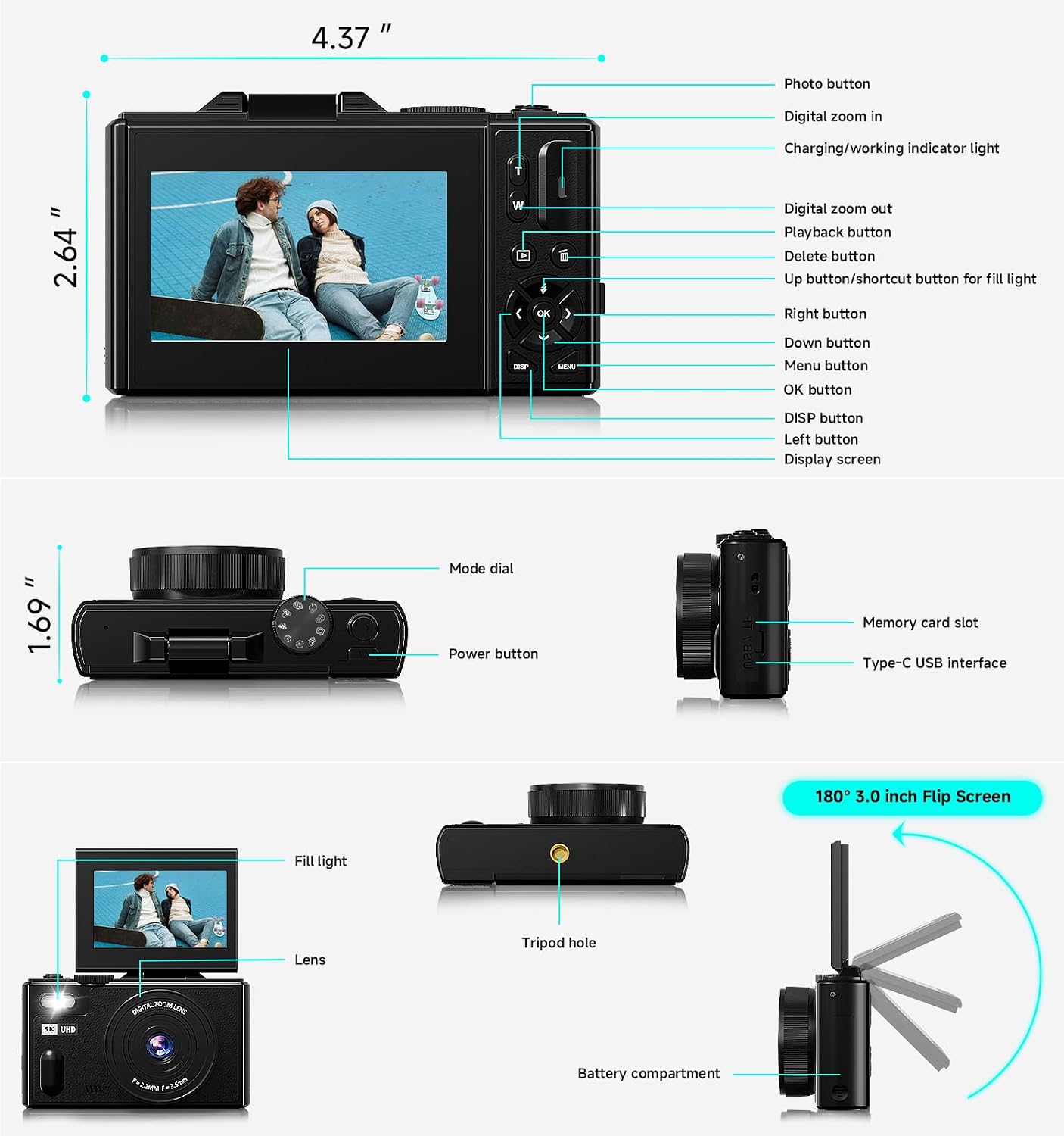 CÁMARA DIGITAL, CÁMARA DE VIAJE UHD 5K DE 80MP, CÁMARAS COMPACTAS CON ZOOM 18X, CÁMARA DE VLOGGING PARA YOUTUBE CON PANTALLA - 7