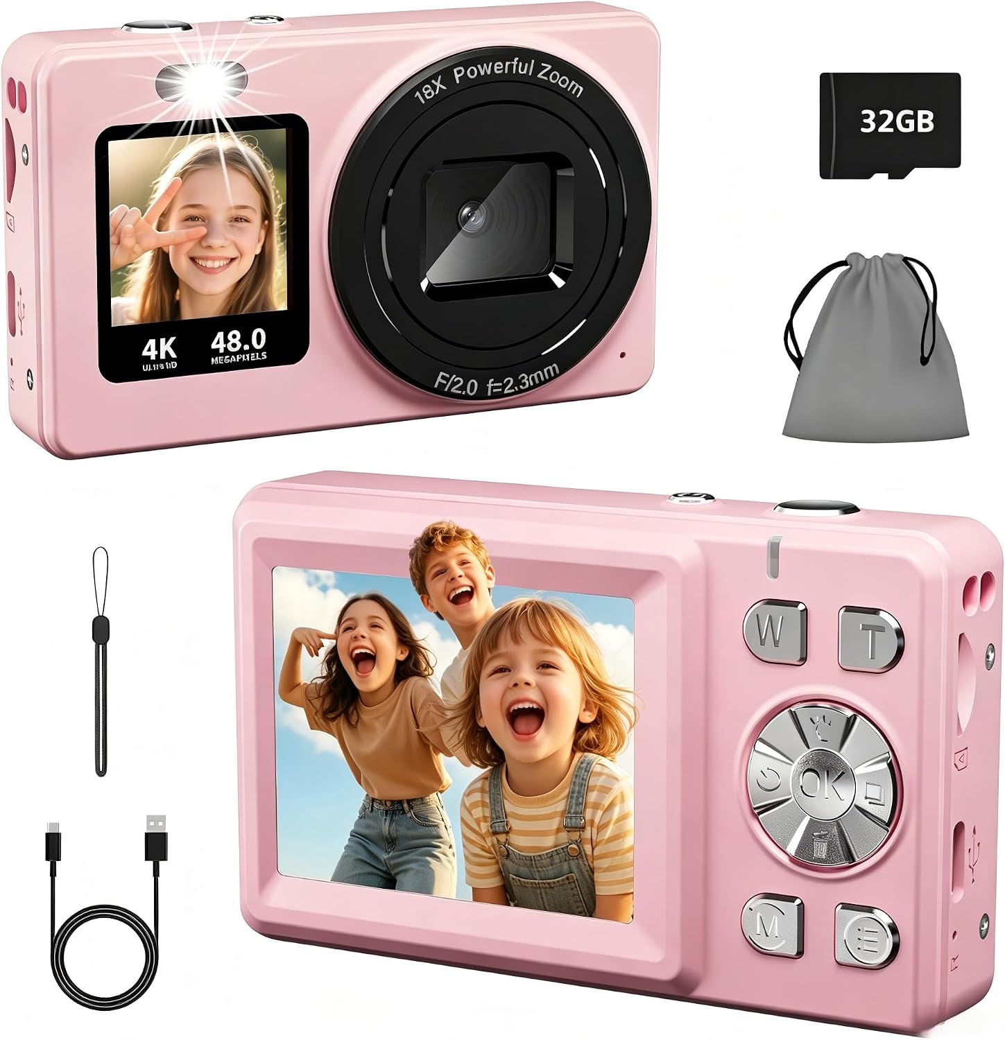 CÁMARA DIGITAL, 4K 48MP CON ENFOQUE AUTOMÁTICO Y PANTALLA DUAL PARA SELFIES, ZOOM 18X, LUZ DE RELLENO, CÁMARA PORTÁTIL - 1