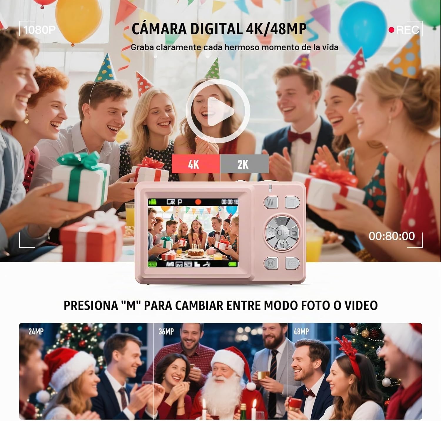 CÁMARA DIGITAL, 4K 48MP CON ENFOQUE AUTOMÁTICO Y PANTALLA DUAL PARA SELFIES, ZOOM 18X, LUZ DE RELLENO, CÁMARA PORTÁTIL - 3