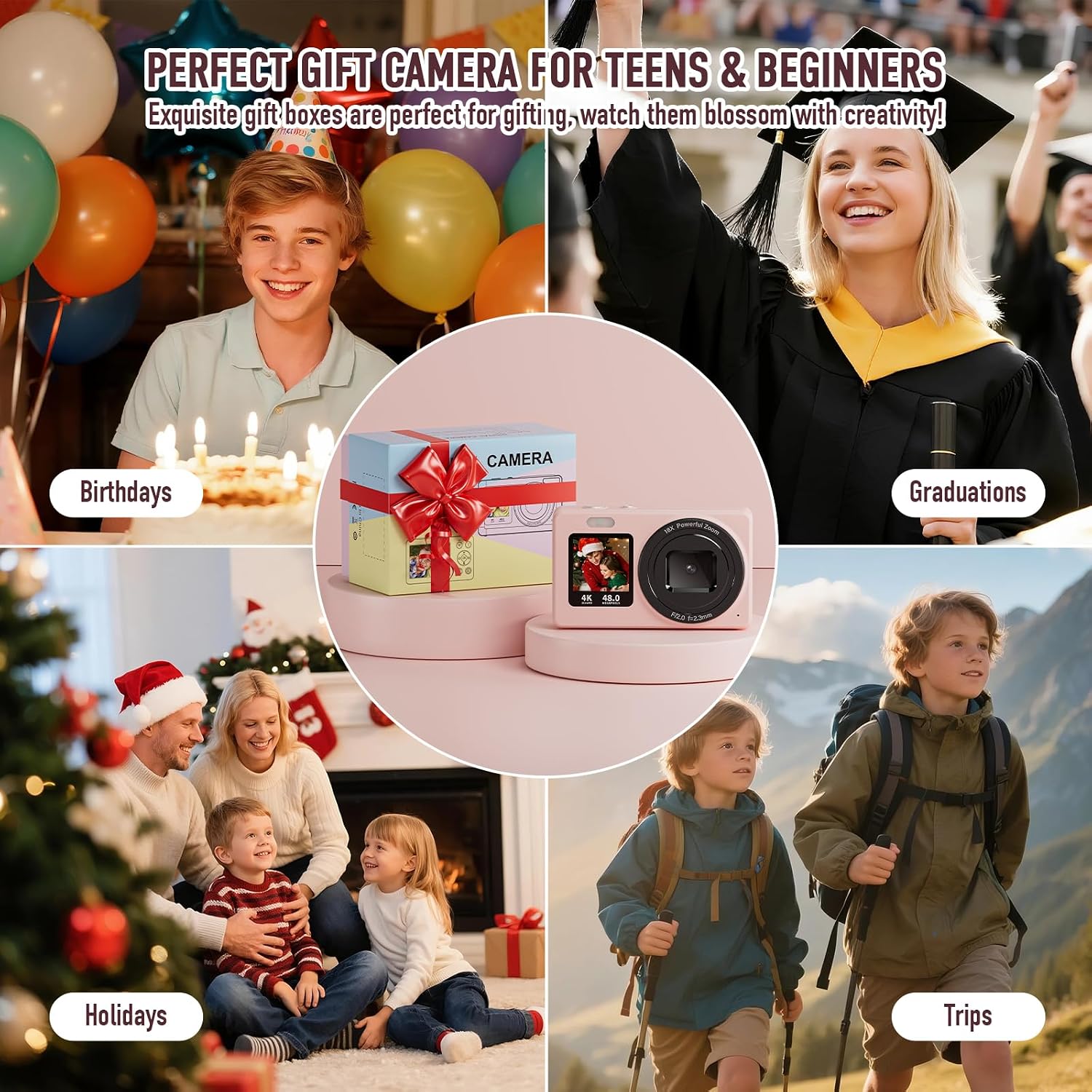 CÁMARA DIGITAL, 4K 48MP CON ENFOQUE AUTOMÁTICO Y PANTALLA DUAL PARA SELFIES, ZOOM 18X, LUZ DE RELLENO, CÁMARA PORTÁTIL - 7