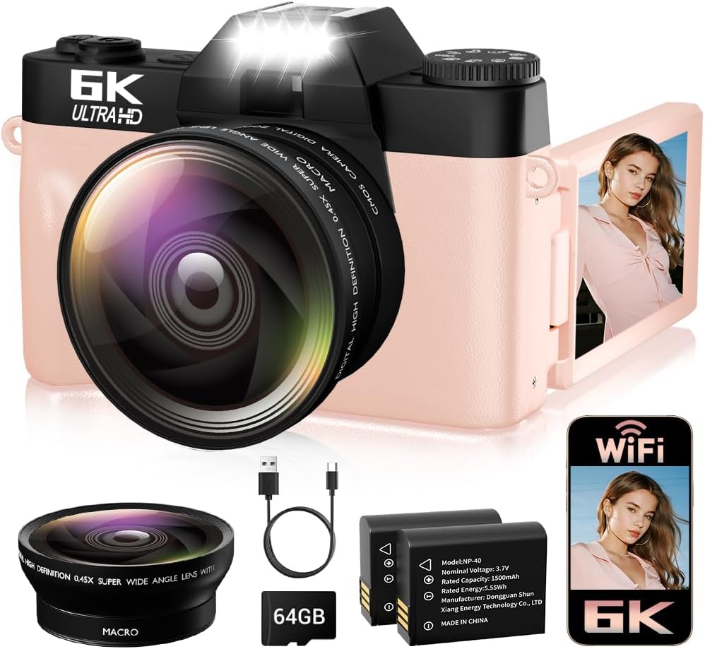 CÁMARA DIGITAL 6K PARA FOTOGRAFÍA CON ENFOQUE AUTOMÁTICO, CÁMARA DE VIDEOBLOGS WIFI DE 64MP PARA YOUTUBE CON PANTALLA - 1