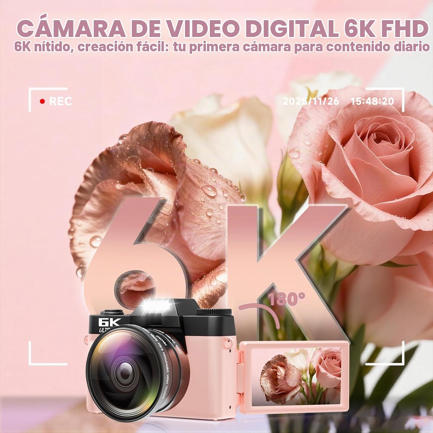 CÁMARA DIGITAL 6K PARA FOTOGRAFÍA CON ENFOQUE AUTOMÁTICO, CÁMARA DE VIDEOBLOGS WIFI DE 64MP PARA YOUTUBE CON PANTALLA - 2