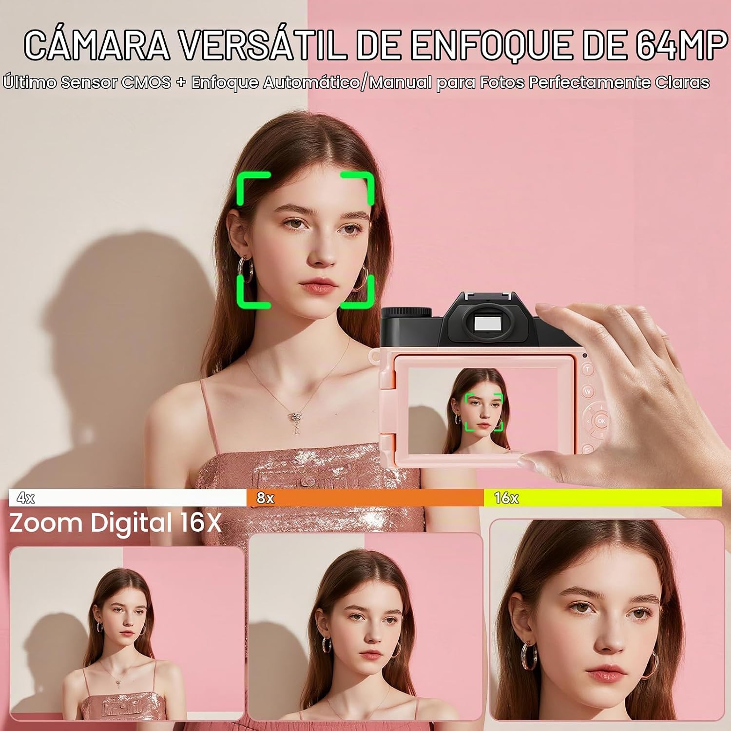 CÁMARA DIGITAL 6K PARA FOTOGRAFÍA CON ENFOQUE AUTOMÁTICO, CÁMARA DE VIDEOBLOGS WIFI DE 64MP PARA YOUTUBE CON PANTALLA - 3