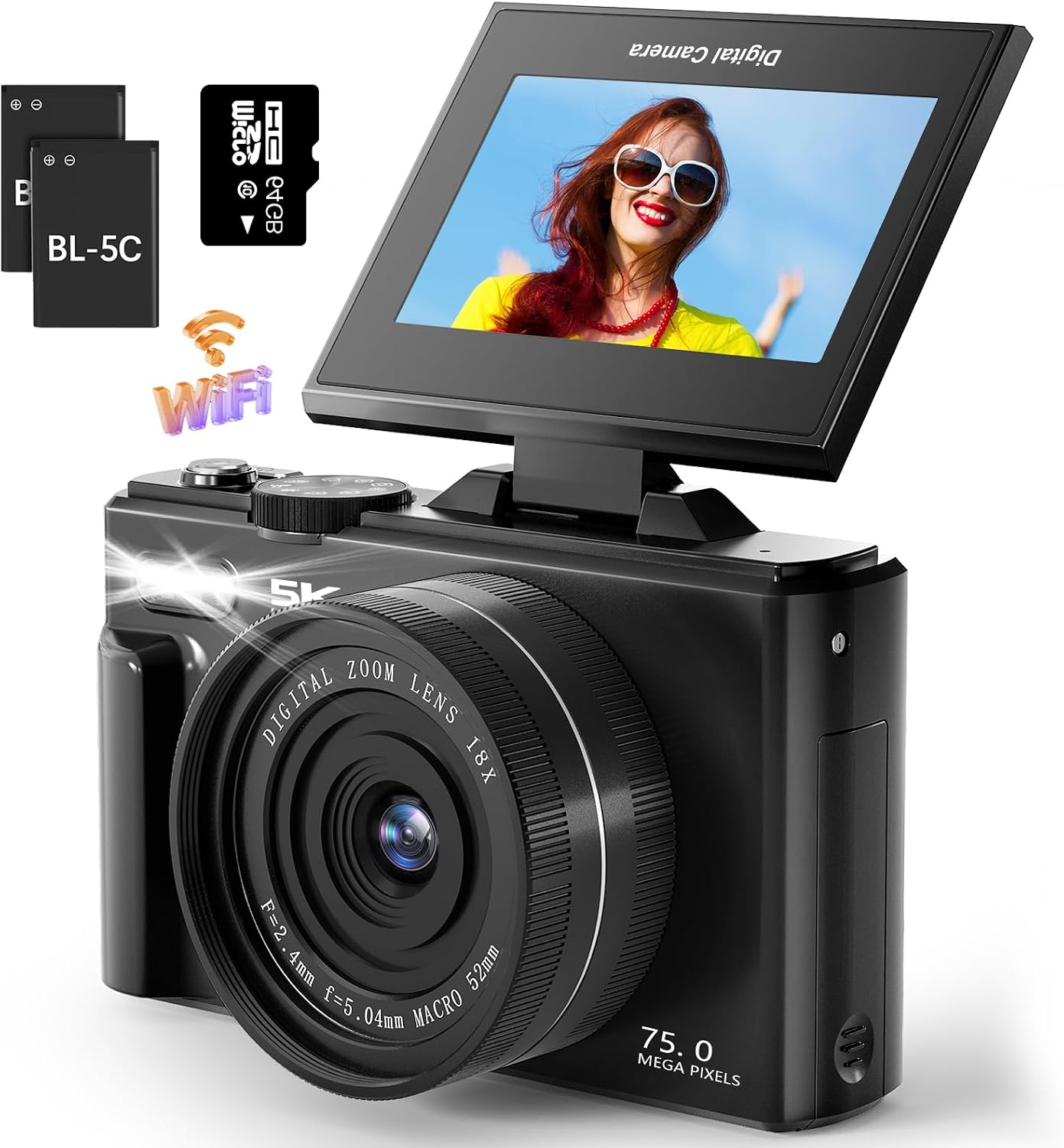 CÁMARA DIGITAL 5K DE 75 MEGAPÍXELES PARA FOTOGRAFÍA CON WIFI - CÁMARA DE VIDEOBLOGS DE ENFOQUE AUTOMÁTICO PARA YOUTUBE - 1