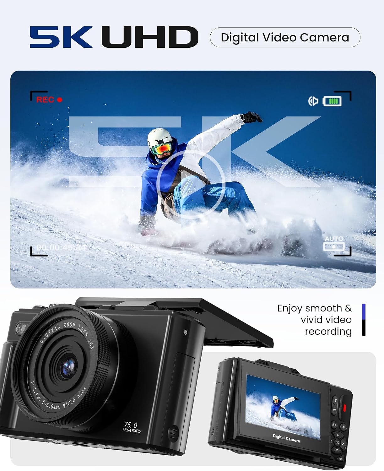 CÁMARA DIGITAL 5K DE 75 MEGAPÍXELES PARA FOTOGRAFÍA CON WIFI - CÁMARA DE VIDEOBLOGS DE ENFOQUE AUTOMÁTICO PARA YOUTUBE - 2
