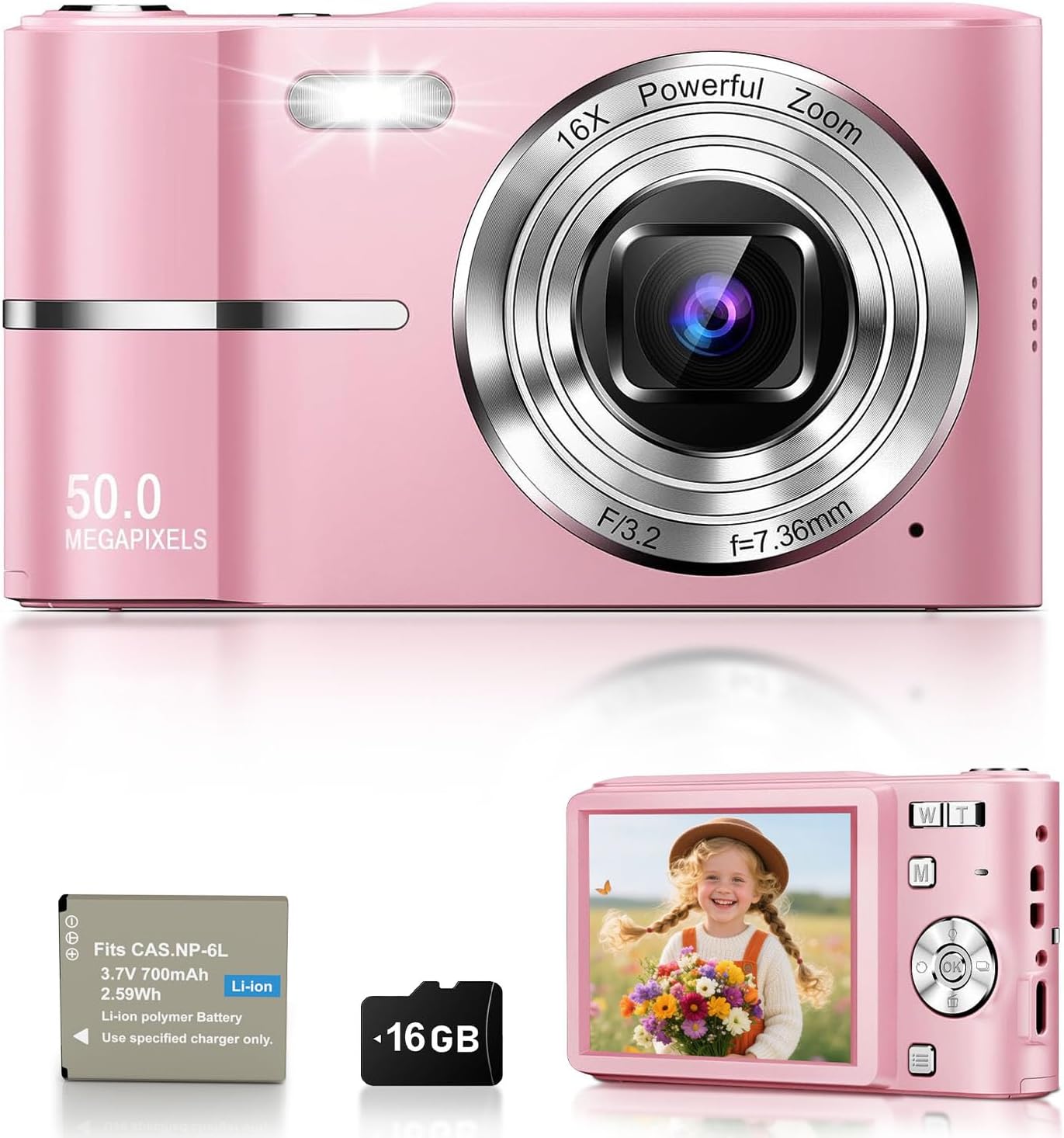 CÁMARA DIGITAL ROSA, 50MP FHD 1080P CÁMARA PORTÁTIL PARA APUNTAR Y DISPARAR, PEQUEÑA CÁMARA DIGITAL CON ZOOM DIGITAL DE 16X, - 1