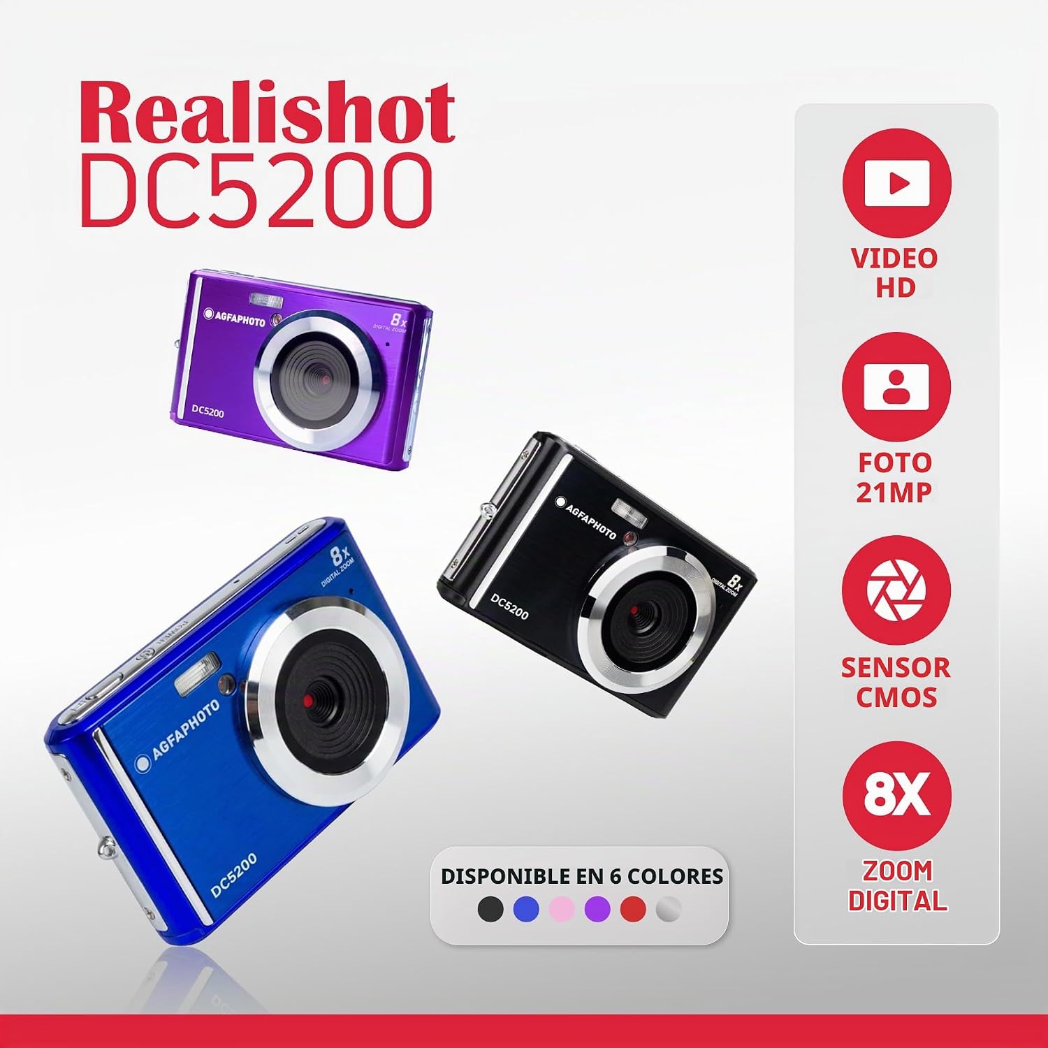 AGFA PHOTO REALISHOT DC5200 - CÁMARA COMPACTA, 21MP, PANTALLA LCD DE 2.4 PULGADAS, ZOOM DIGITAL 8X, VIDEO HD 720P, BATERÍA - 2