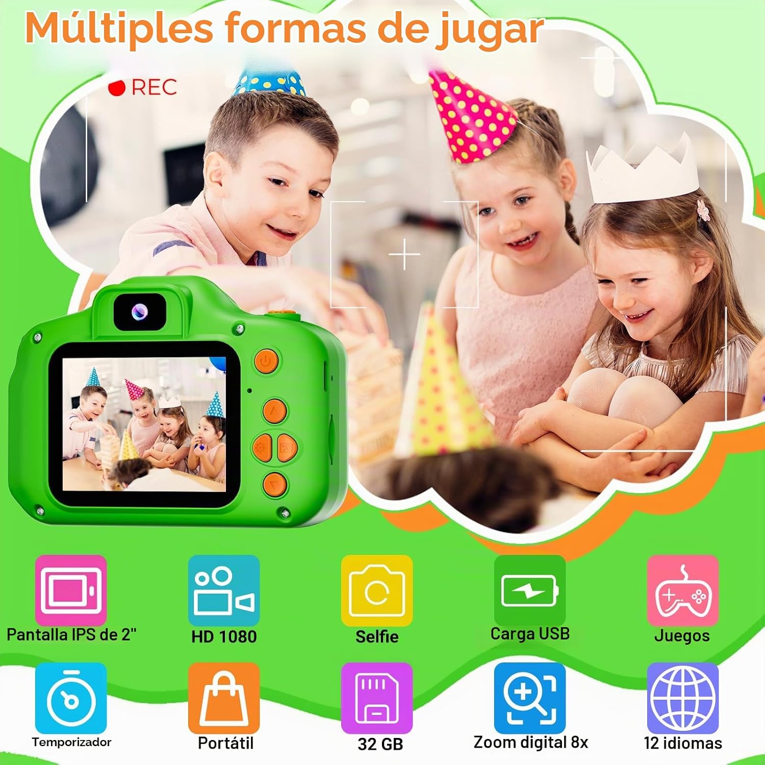 SPLASHNSPRAY - CÁMARA DIGITAL PARA NIÑOS Y NIÑAS DE 3 A 9 AÑOS, CÁMARA HD 1080P PARA NIÑOS PEQUEÑOS, CÁMARA SELFIE DIGITAL - 3