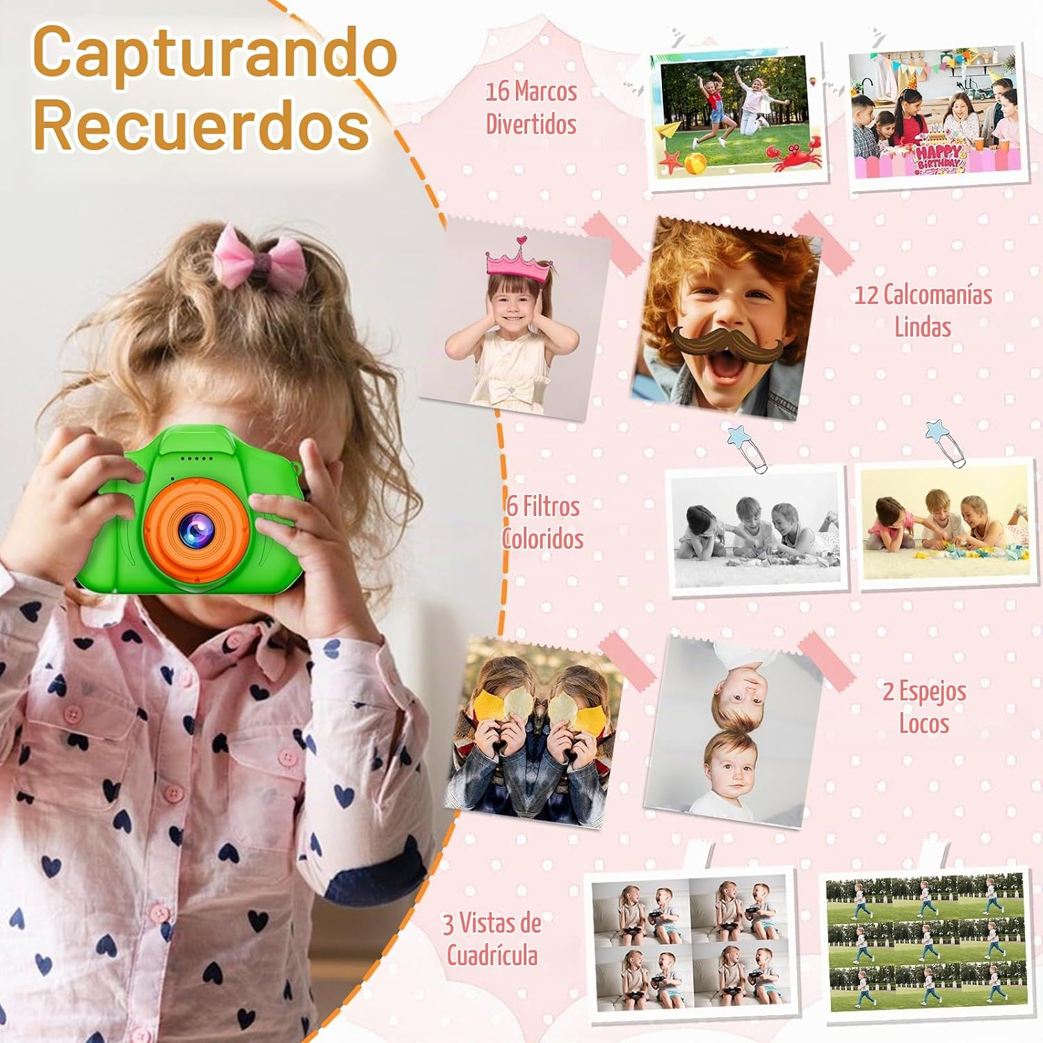 SPLASHNSPRAY - CÁMARA DIGITAL PARA NIÑOS Y NIÑAS DE 3 A 9 AÑOS, CÁMARA HD 1080P PARA NIÑOS PEQUEÑOS, CÁMARA SELFIE DIGITAL - 5