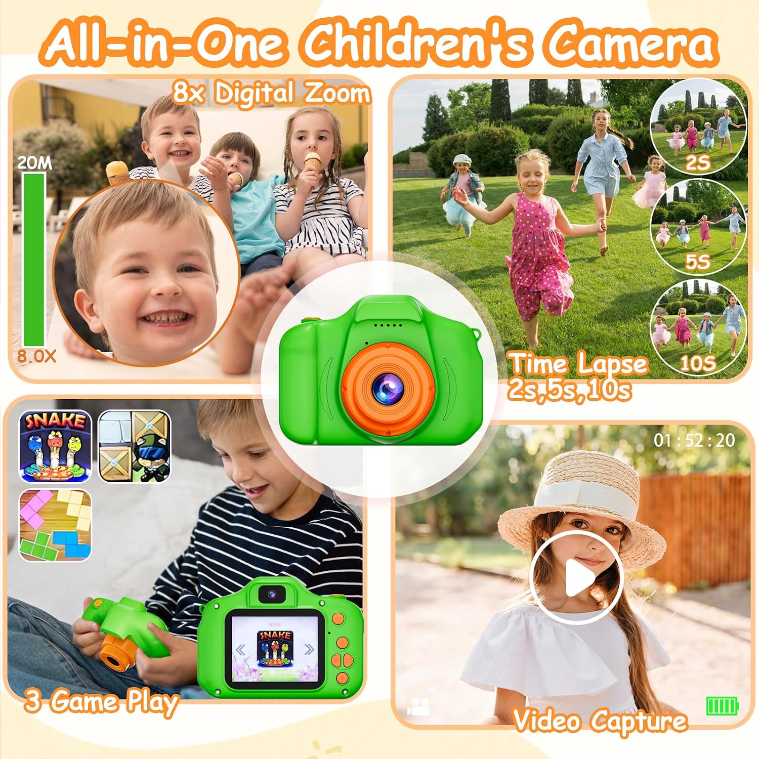 SPLASHNSPRAY - CÁMARA DIGITAL PARA NIÑOS Y NIÑAS DE 3 A 9 AÑOS, CÁMARA HD 1080P PARA NIÑOS PEQUEÑOS, CÁMARA SELFIE DIGITAL - 6