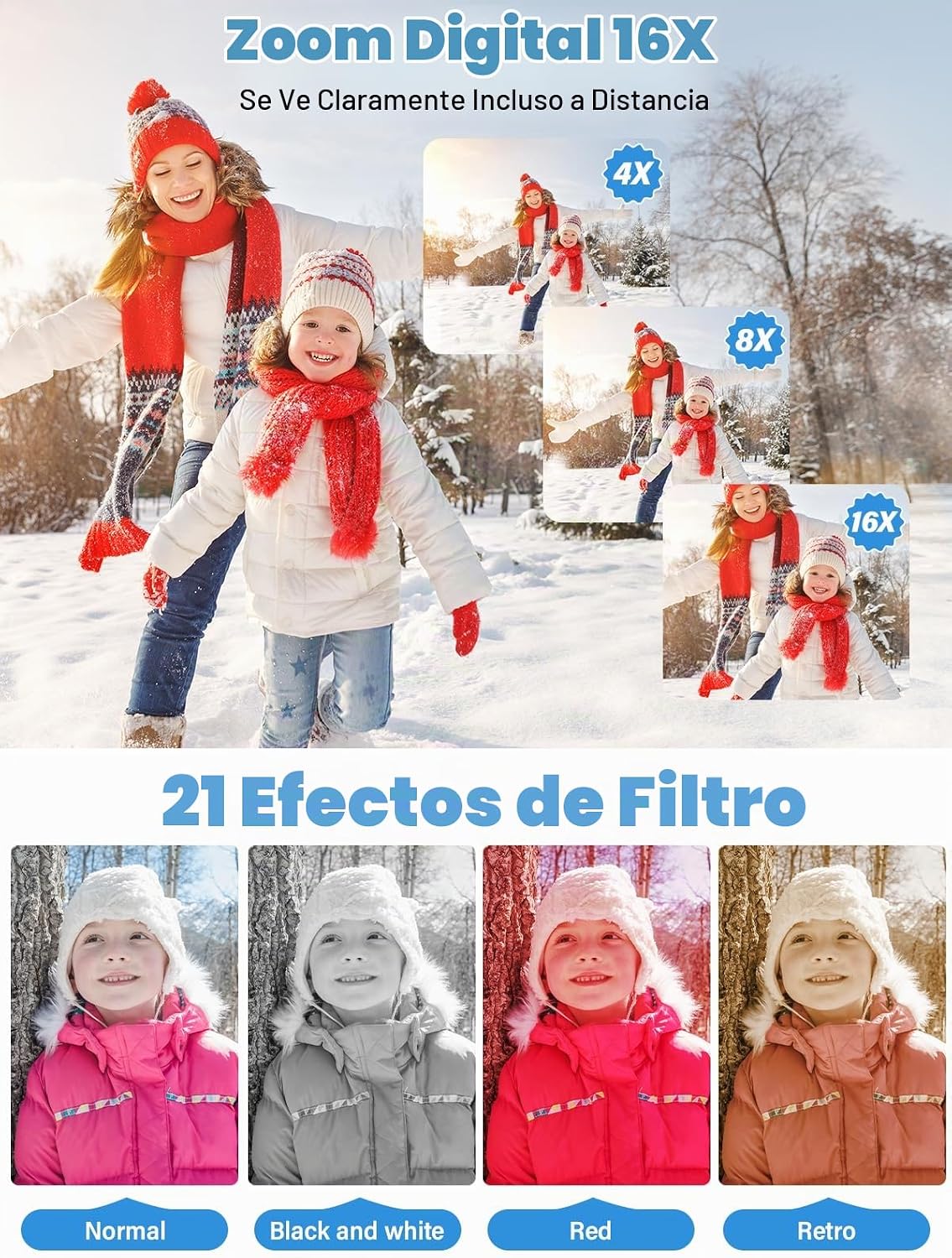 CÁMARA DIGITAL PARA NIÑOS, FHD 1080P 56MP CON ENFOQUE AUTOMÁTICO Y DISPARO CON 16X DE ZOOM, TARJETA TF DE 32GB, BATERÍA, - 4