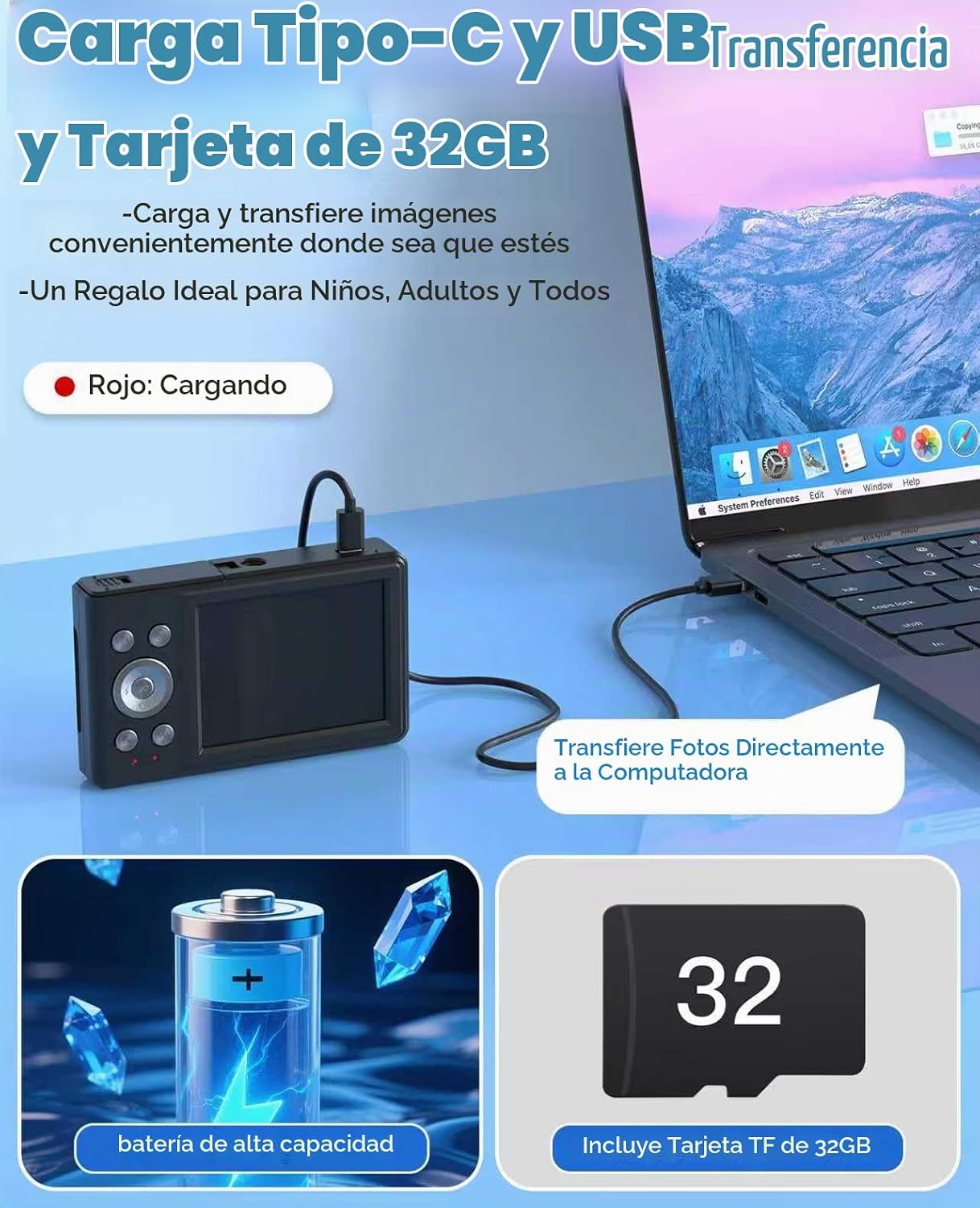 CÁMARA DIGITAL PARA NIÑOS, FHD 1080P 56MP CON ENFOQUE AUTOMÁTICO Y DISPARO CON 16X DE ZOOM, TARJETA TF DE 32GB, BATERÍA, - 5