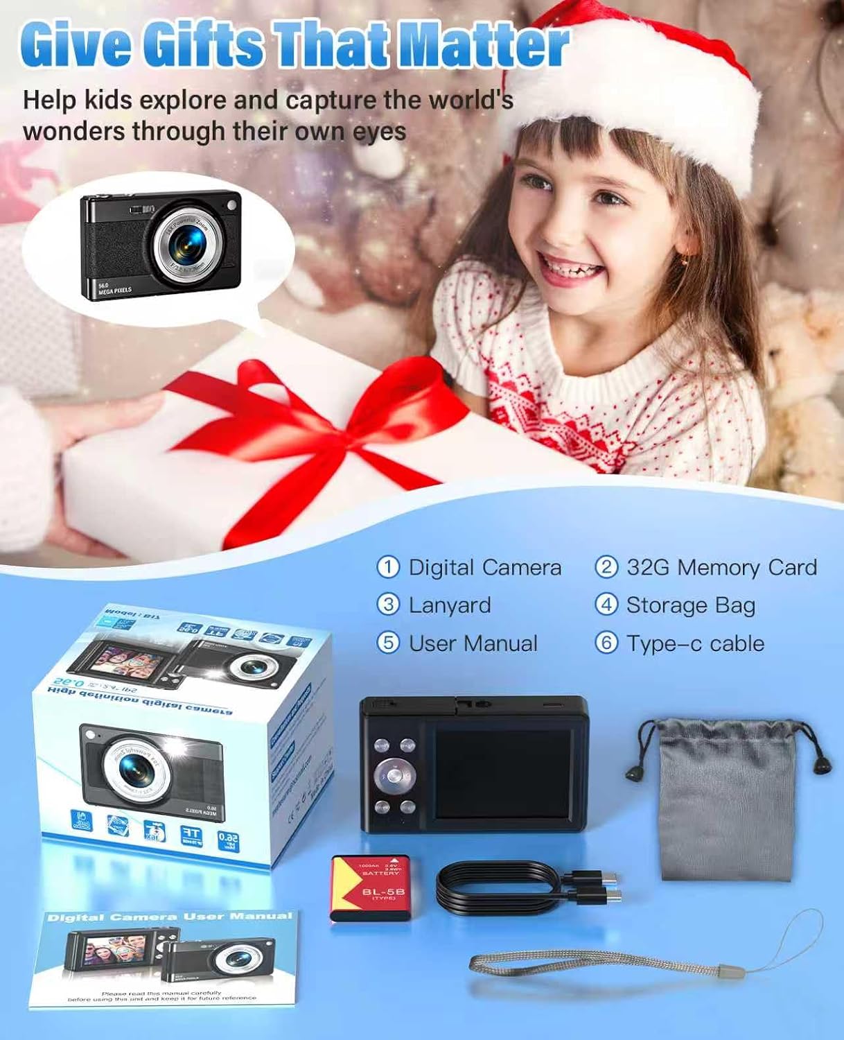 CÁMARA DIGITAL PARA NIÑOS, FHD 1080P 56MP CON ENFOQUE AUTOMÁTICO Y DISPARO CON 16X DE ZOOM, TARJETA TF DE 32GB, BATERÍA, - 6