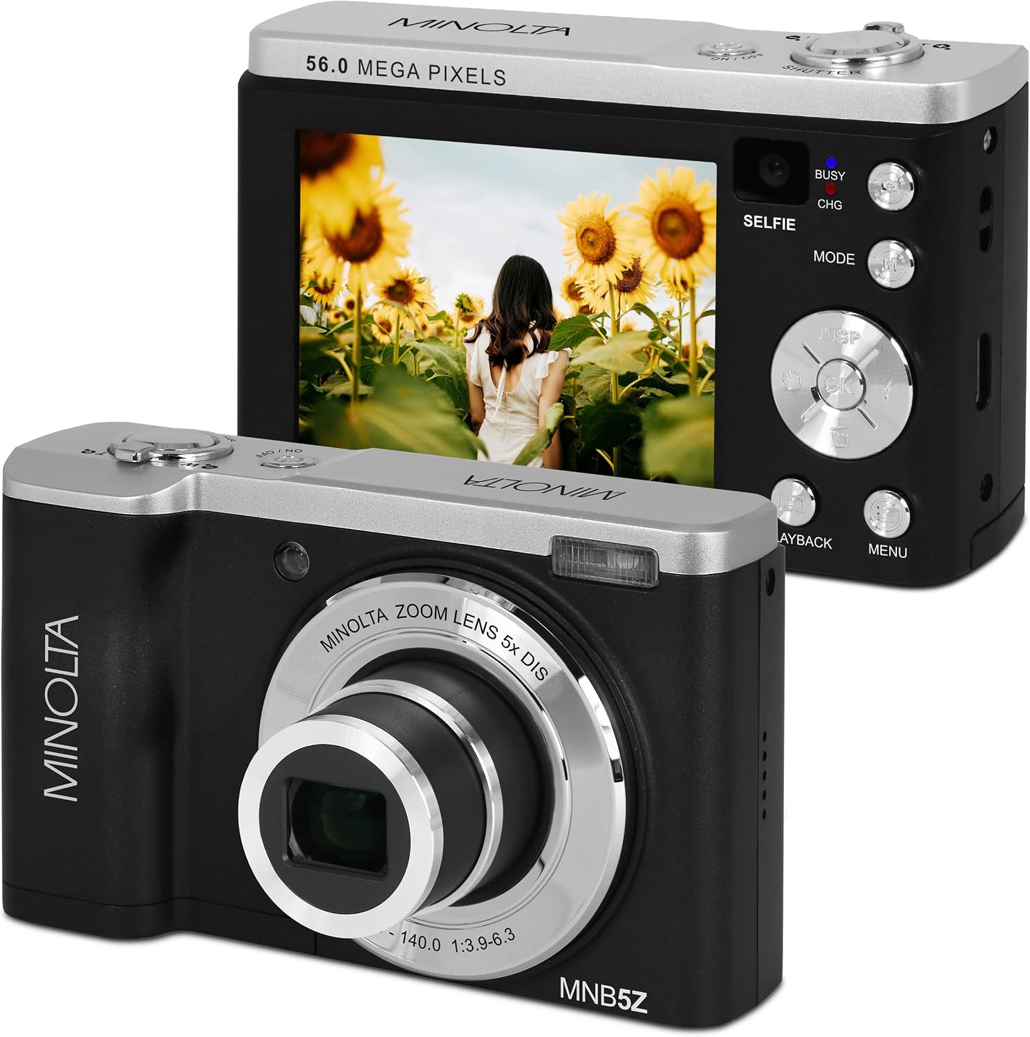 MINOLTA CÁMARA DIGITAL DE DOBLE OBJETIVO DE 56 MP ZOOM ÓPTICO 5X, VÍDEO ULTRA HD 5K, SENSOR CMOS, PANTALLA LCD DE 2.8 - 1