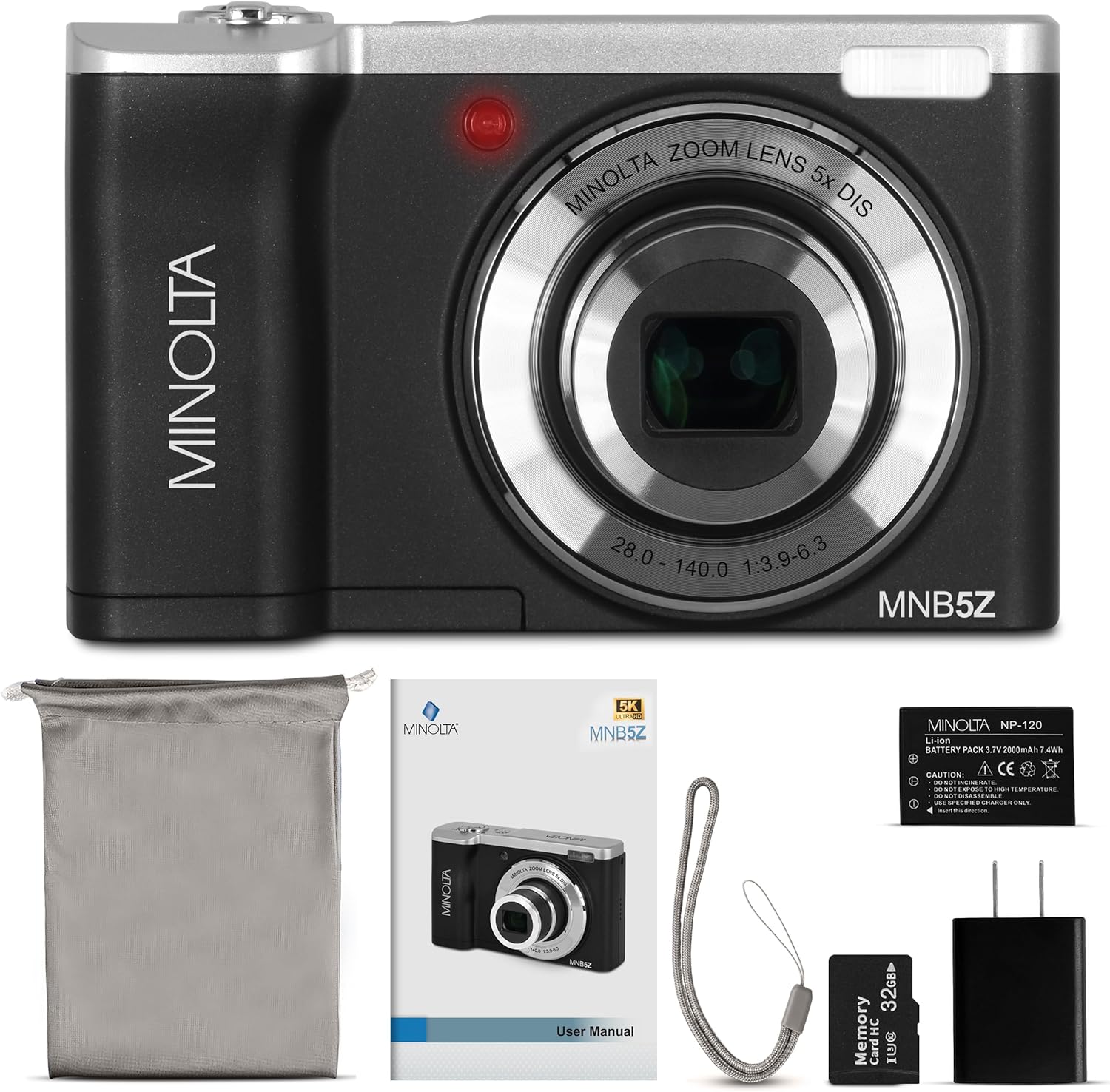 MINOLTA CÁMARA DIGITAL DE DOBLE OBJETIVO DE 56 MP ZOOM ÓPTICO 5X, VÍDEO ULTRA HD 5K, SENSOR CMOS, PANTALLA LCD DE 2.8 - 2