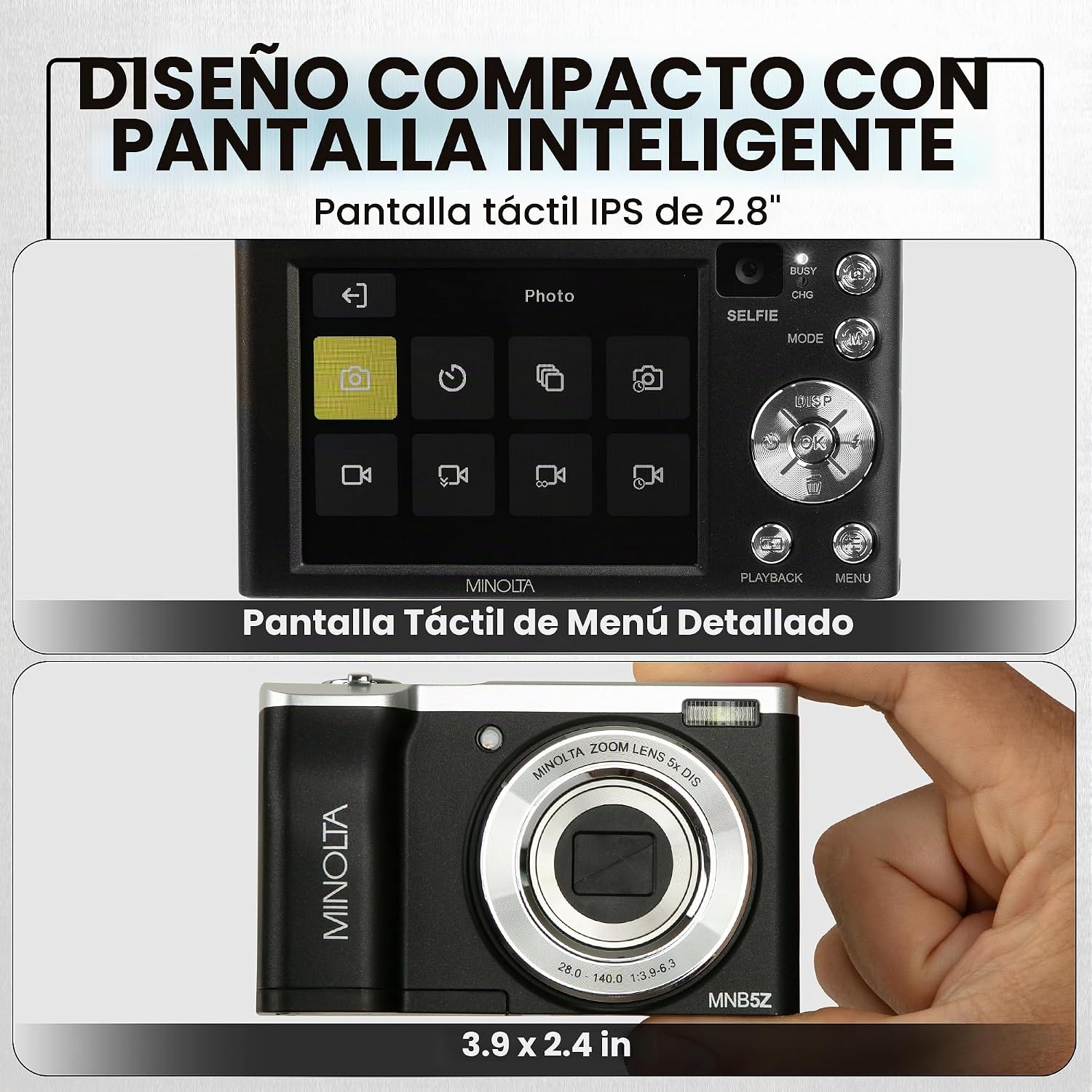 MINOLTA CÁMARA DIGITAL DE DOBLE OBJETIVO DE 56 MP ZOOM ÓPTICO 5X, VÍDEO ULTRA HD 5K, SENSOR CMOS, PANTALLA LCD DE 2.8 - 7