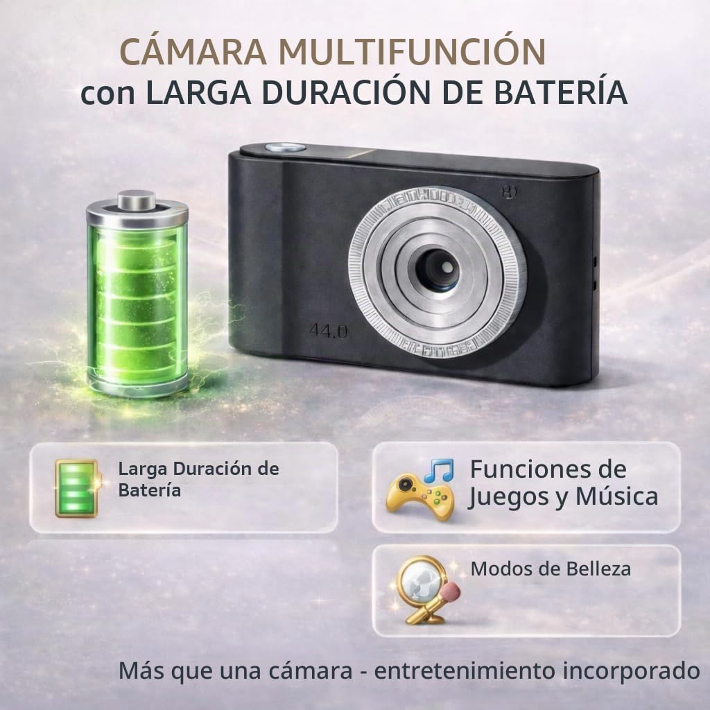 CÁMARA DIGITAL DE 44 MP PARA NIÑOS Y PRINCIPIANTES, CÁMARA COMPACTA DE APUNTAR Y DISPARAR CON ZOOM 8X, CÁMARA LIGERA FÁCIL - 7