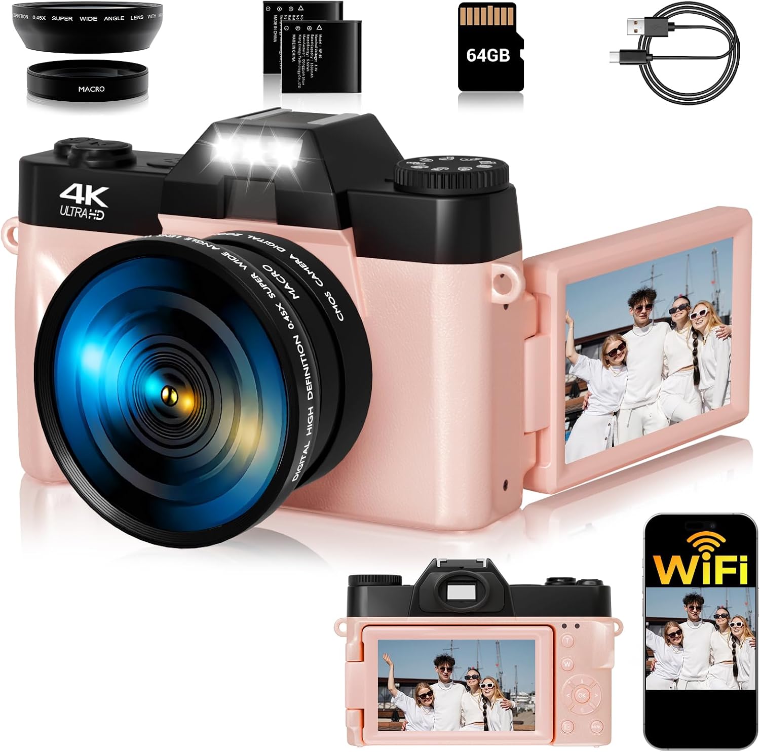 CÁMARA DIGITAL, FHD 4K 75MP WIFI PARA VIDEOBLOGGING Y YOUTUBE CON PANTALLA GIRATORIA DE 3 180 , TARJETA SD DE 64GB, ZOOM - 1