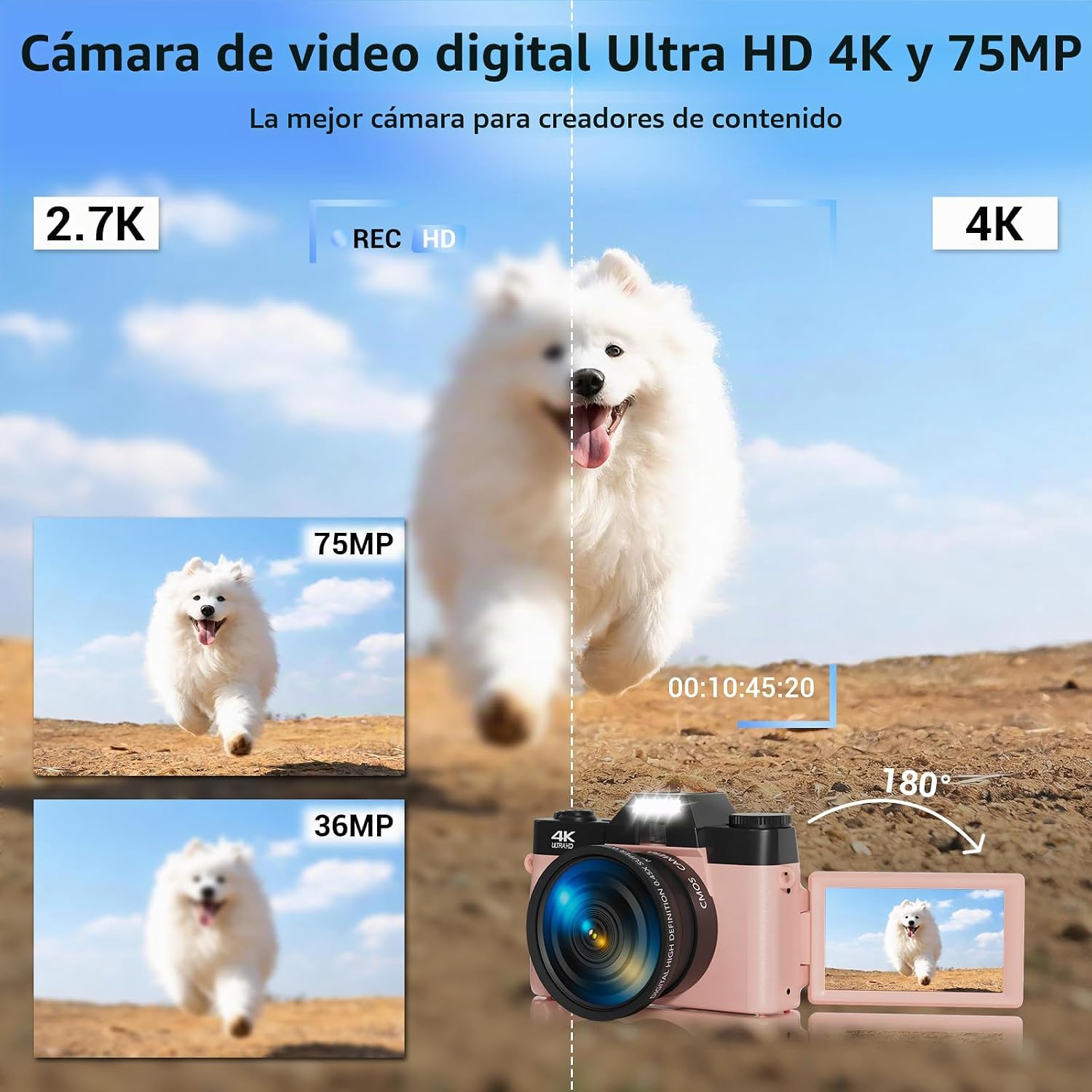 CÁMARA DIGITAL, FHD 4K 75MP WIFI PARA VIDEOBLOGGING Y YOUTUBE CON PANTALLA GIRATORIA DE 3 180 , TARJETA SD DE 64GB, ZOOM - 2