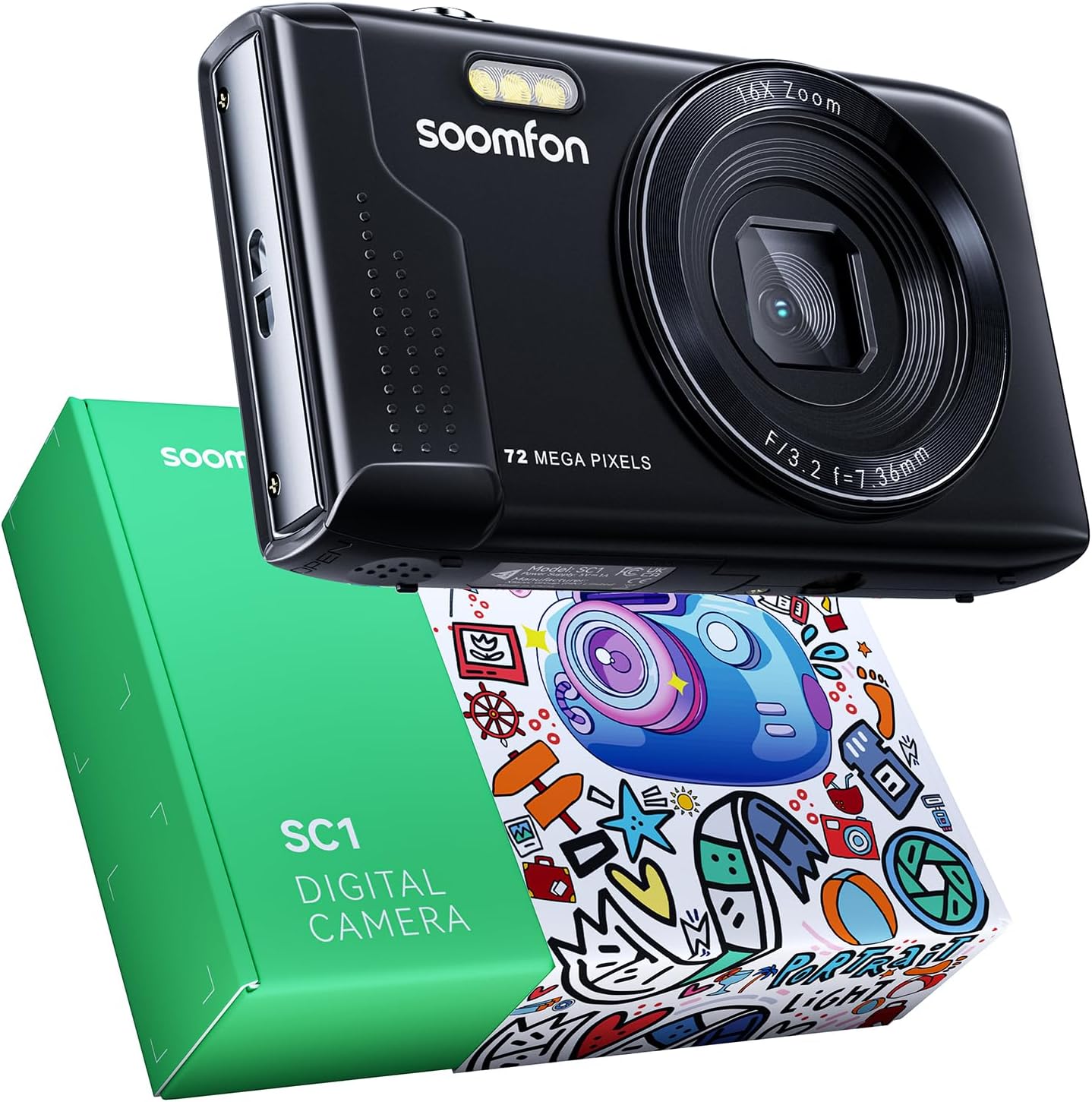 CÁMARA DIGITAL SOOMFON - CÁMARAS PARA NIÑOS MAX 72MP DE PUNTO Y DISPARO CON ZOOM 16X, TARJETA TF DE 32G, 2 BATERÍAS Y LECTOR - 1